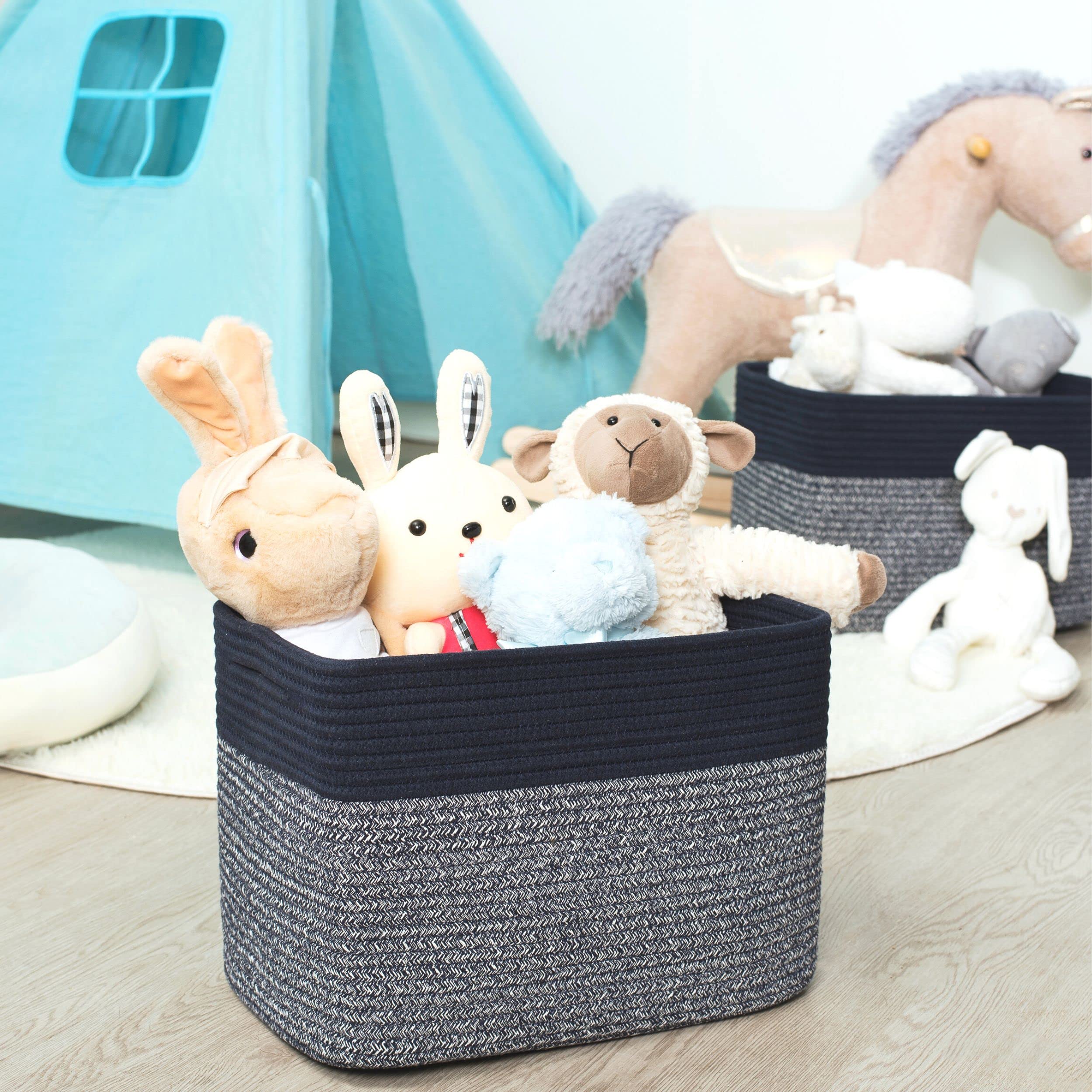 MINTWOOD Woven Storage Basket for Shelves - Navy Blue Decorative Organizer Bin for Books, Shoes, Pantry & Closet | Perfect for Home, Office & Nursery Organization
