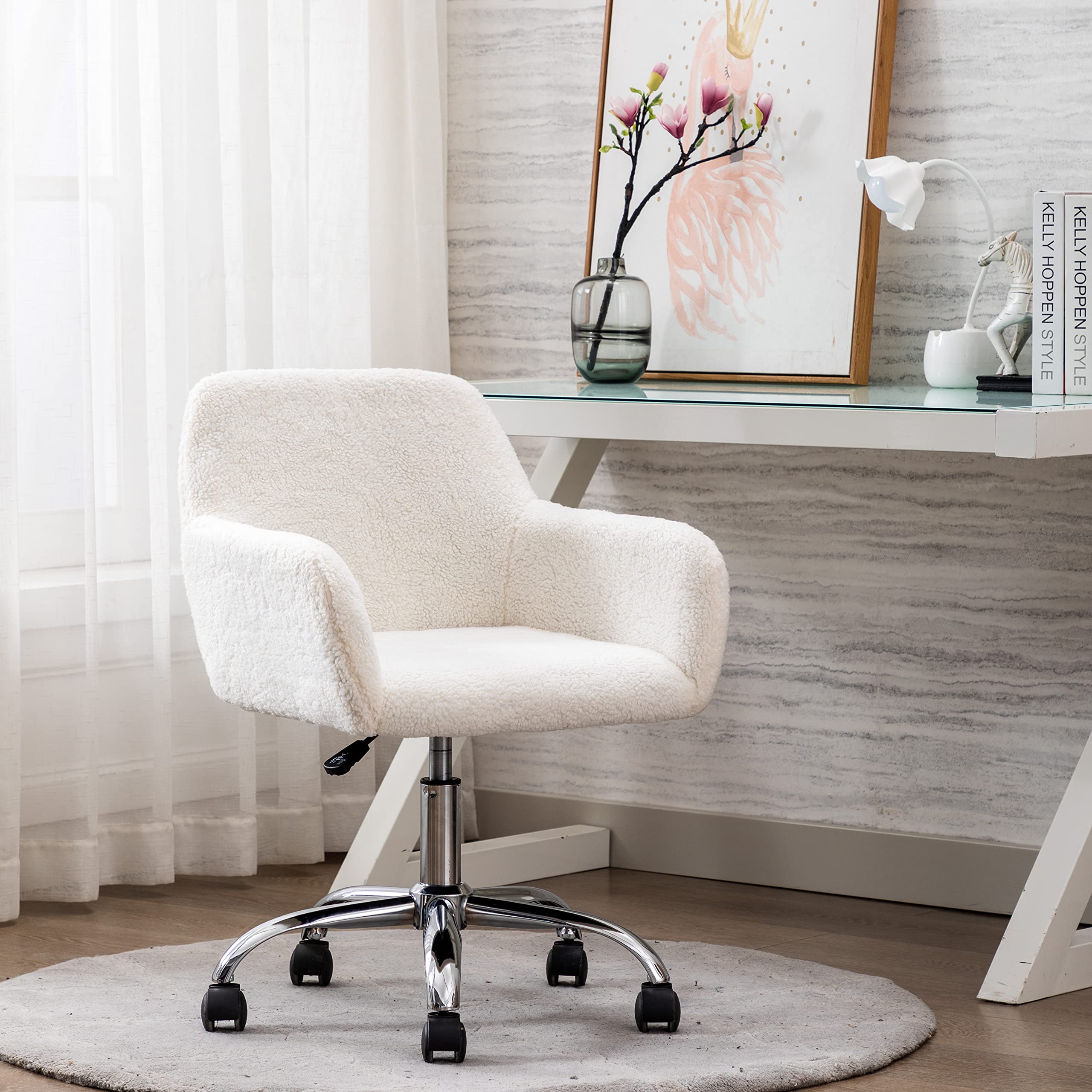 Henf Faux Fur Office Chair - Modern Swivel Desk Chair with Wheels, Tufted Vanity Chair for Home Office & Kids Room, White - Perfect for Work, Study & Makeup Station