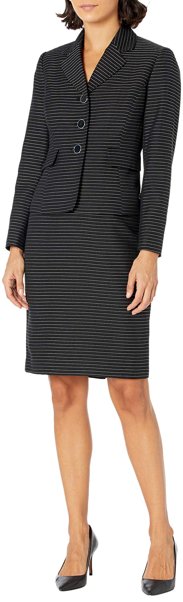 Le Suit Women's Petite Striped Tweed 3-Button Notch Collar Skirt Suit Set - Professional Office Wear & Business Attire for Women