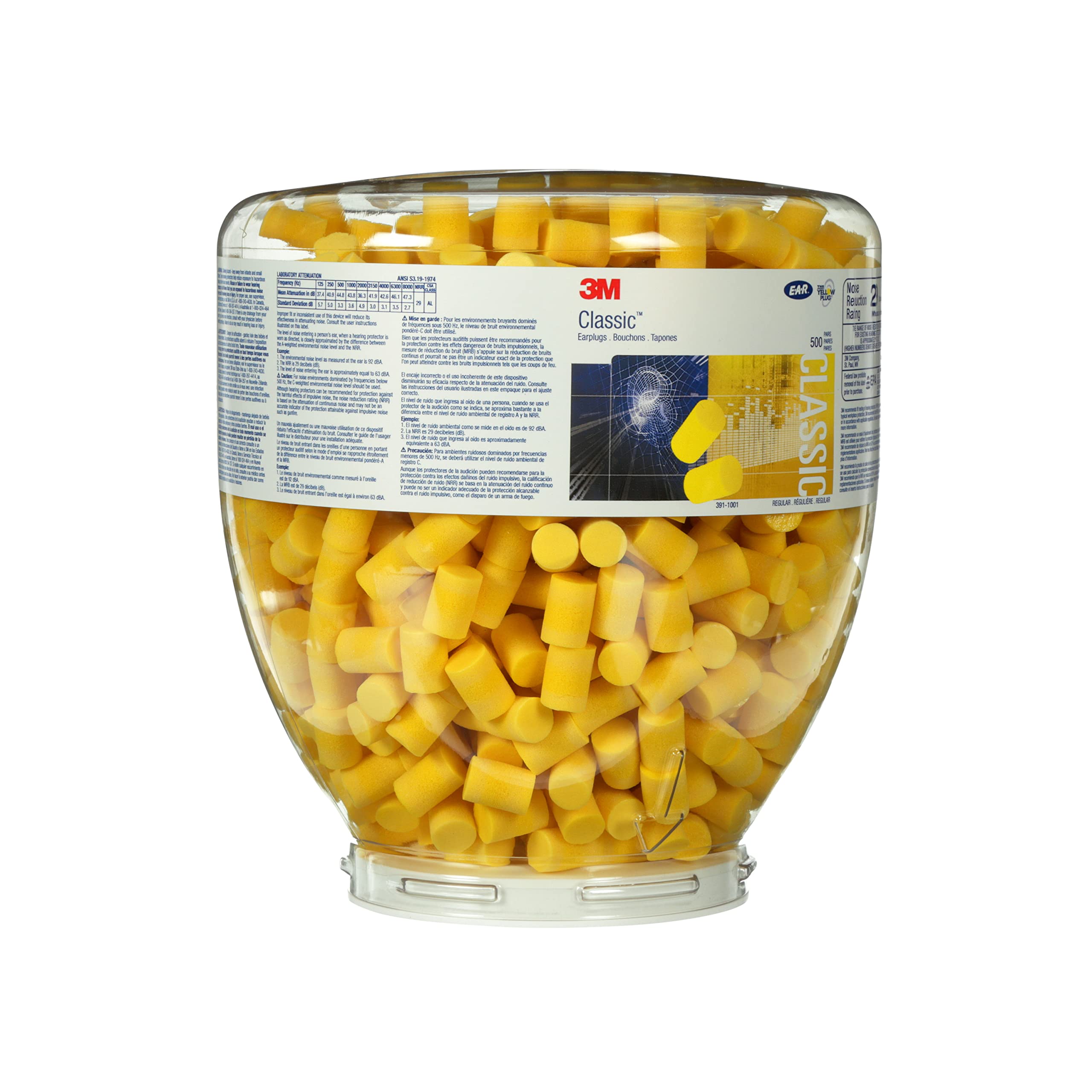 3M E-A-R Classic One Touch Refill 391-1001 Disposable Earplugs - 500 Pairs, Uncorded, 29dB NRR, Foam Ear Protection for Noise Reduction, Regular Size, Roll Down, ANSI/ASA S12.71-2018 Certified - Ideal for Construction, Concerts, Shooting Ranges & Sleeping