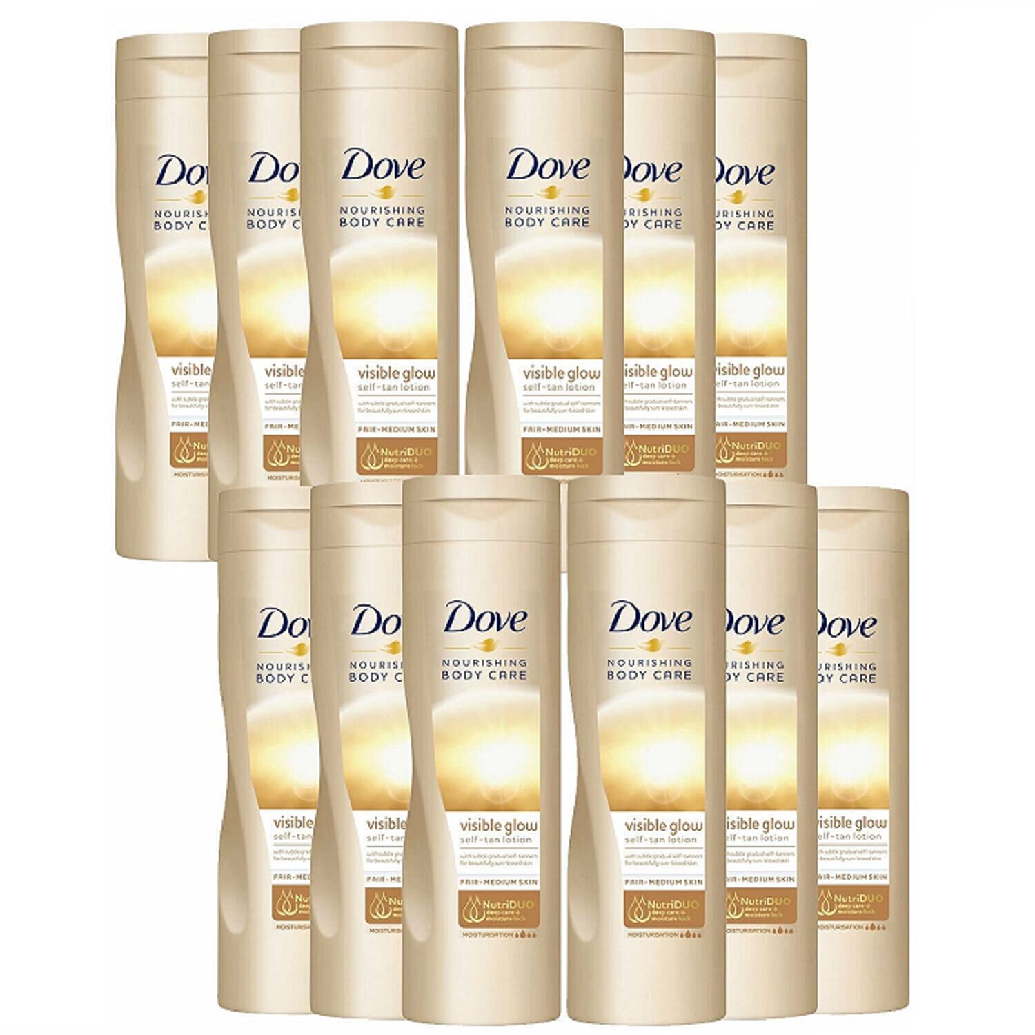 Dove Nourishing Body Care Gradual Self-Tan Lotion - 12 Pack (400ml Each) for Fair to Medium Skin | Visible Glow & Hydration | Perfect for Pre-Vacation Prep or Year-Round Sun-Kissed Look