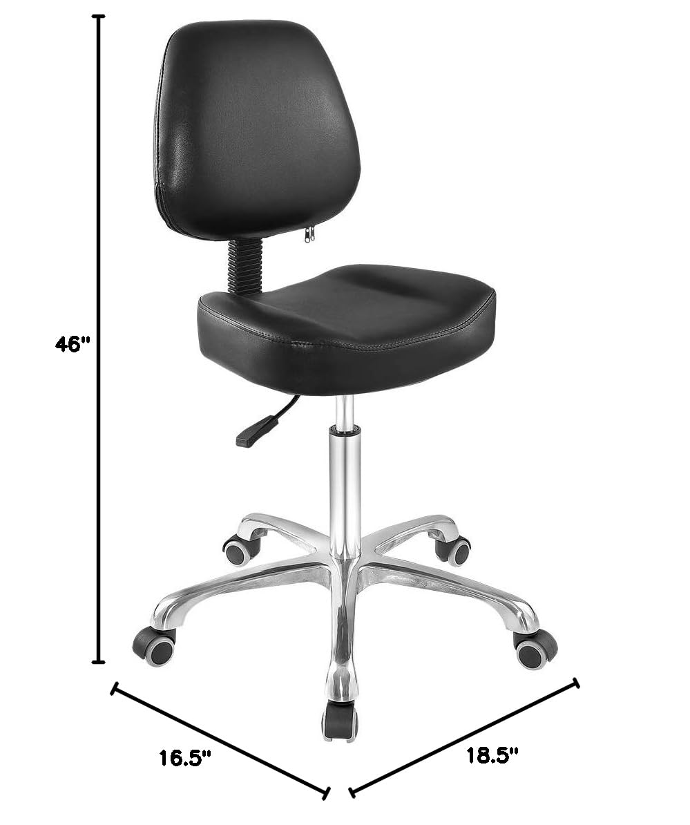 Grace&Grace Rolling Shop Stool with Back Support - Adjustable Drafting Chair for Office, Workshop, Studio & Vanity - Swivel Wheels & Ergonomic Design (Black, No Footrest) - Perfect for Artists, Tattooists & Home Office Workstations