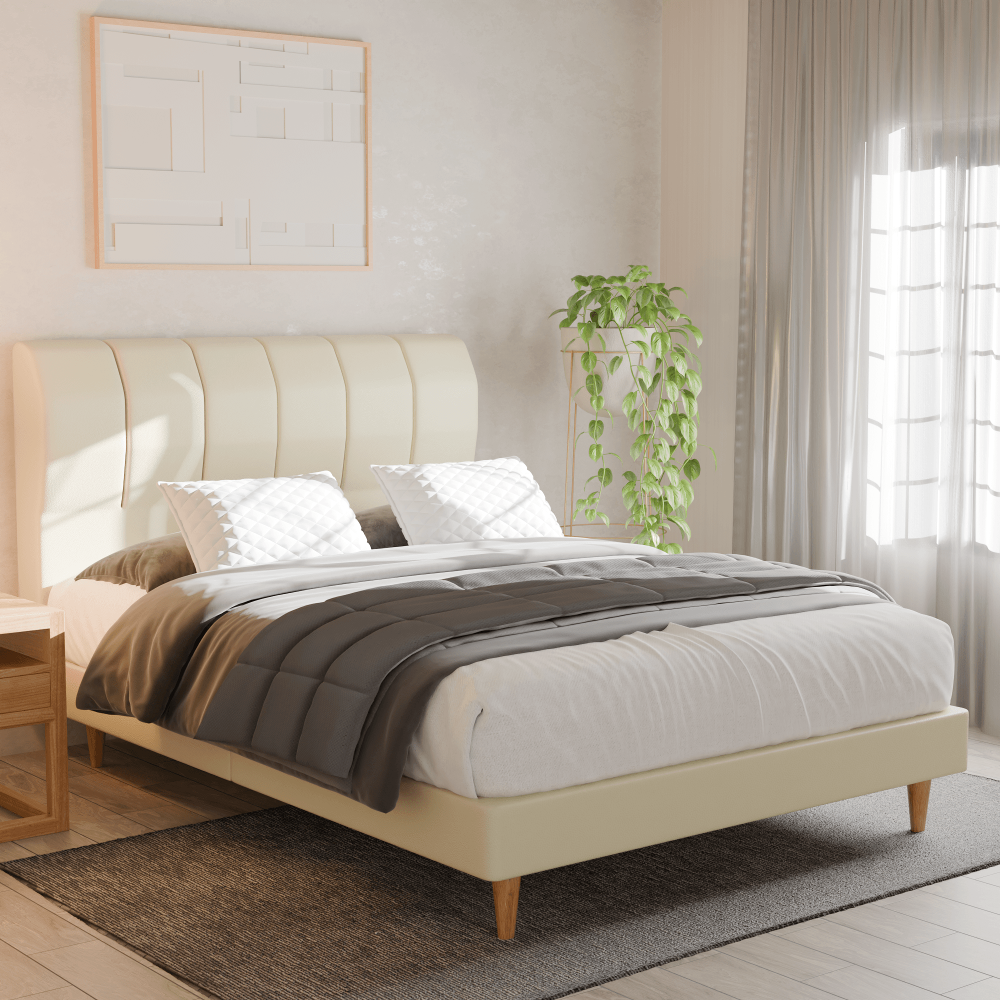 Kazura Queen Size Faux Leather Upholstered Bed Frame with Wooden Slats - Modern Platform Bed for Master Bedroom & Guest Room