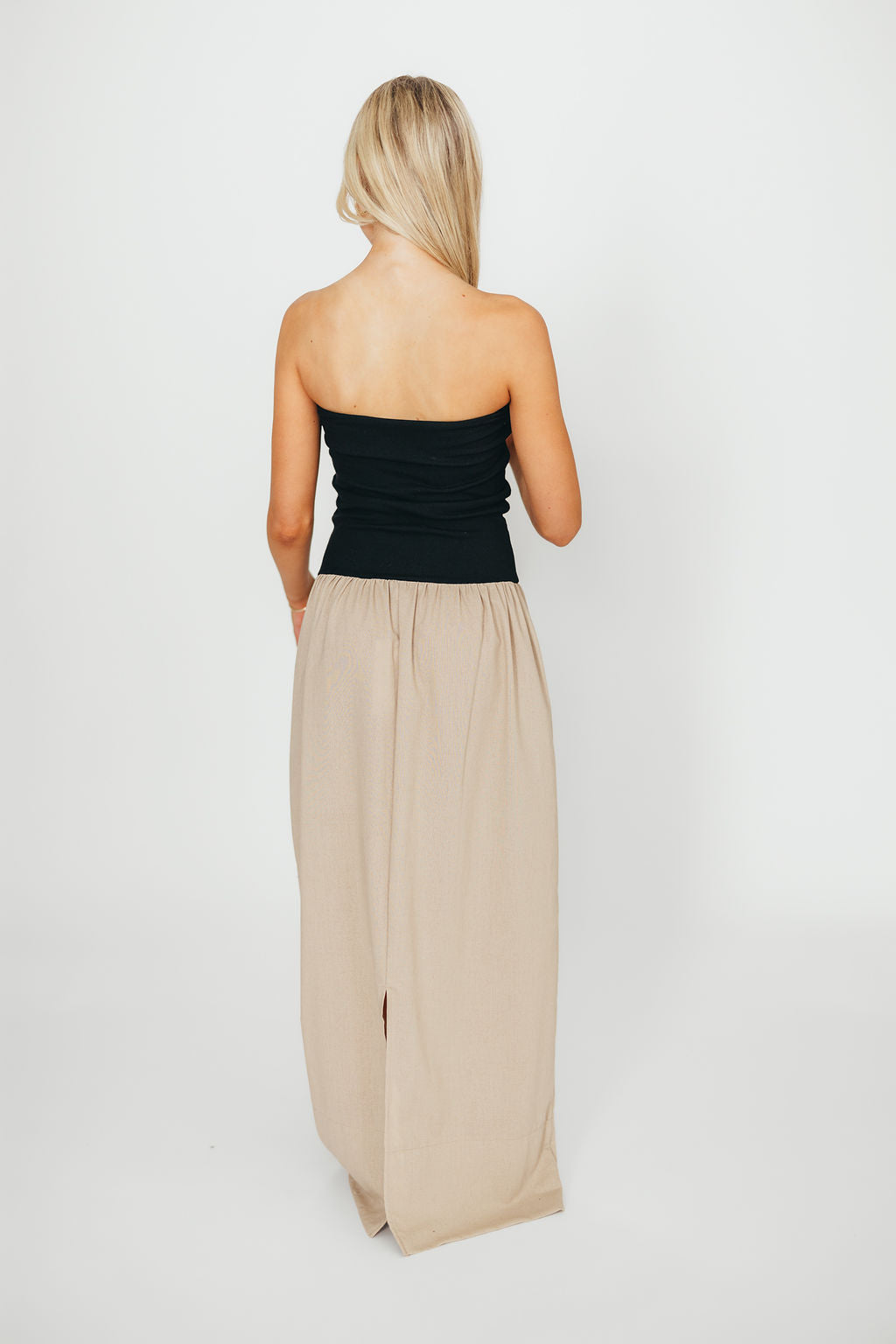 Kaylee Linen and Ribbed Knit Maxi Dress for Women - Black/Tan - Summer Beach Wedding, Vacation & Casual Wear
