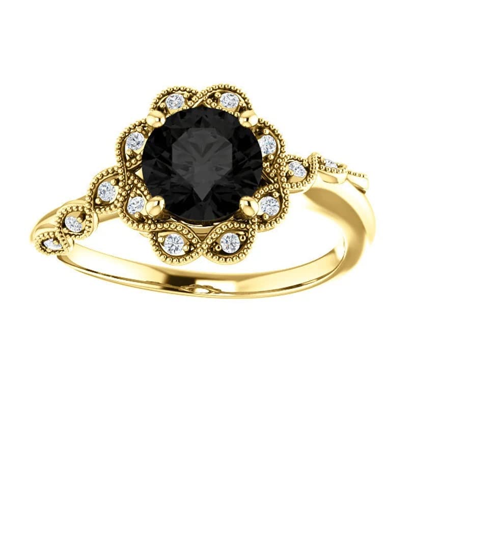 Vintage 2.60 Carat Round Cut Onyx Black Diamond Antique Floral Wedding Ring - 925 Sterling Silver with White Gold, Rose Gold or Yellow Gold Plating (Yellow Gold, Size 7) | Elegant Bridal Jewelry for Engagement, Anniversary & Special Occasions