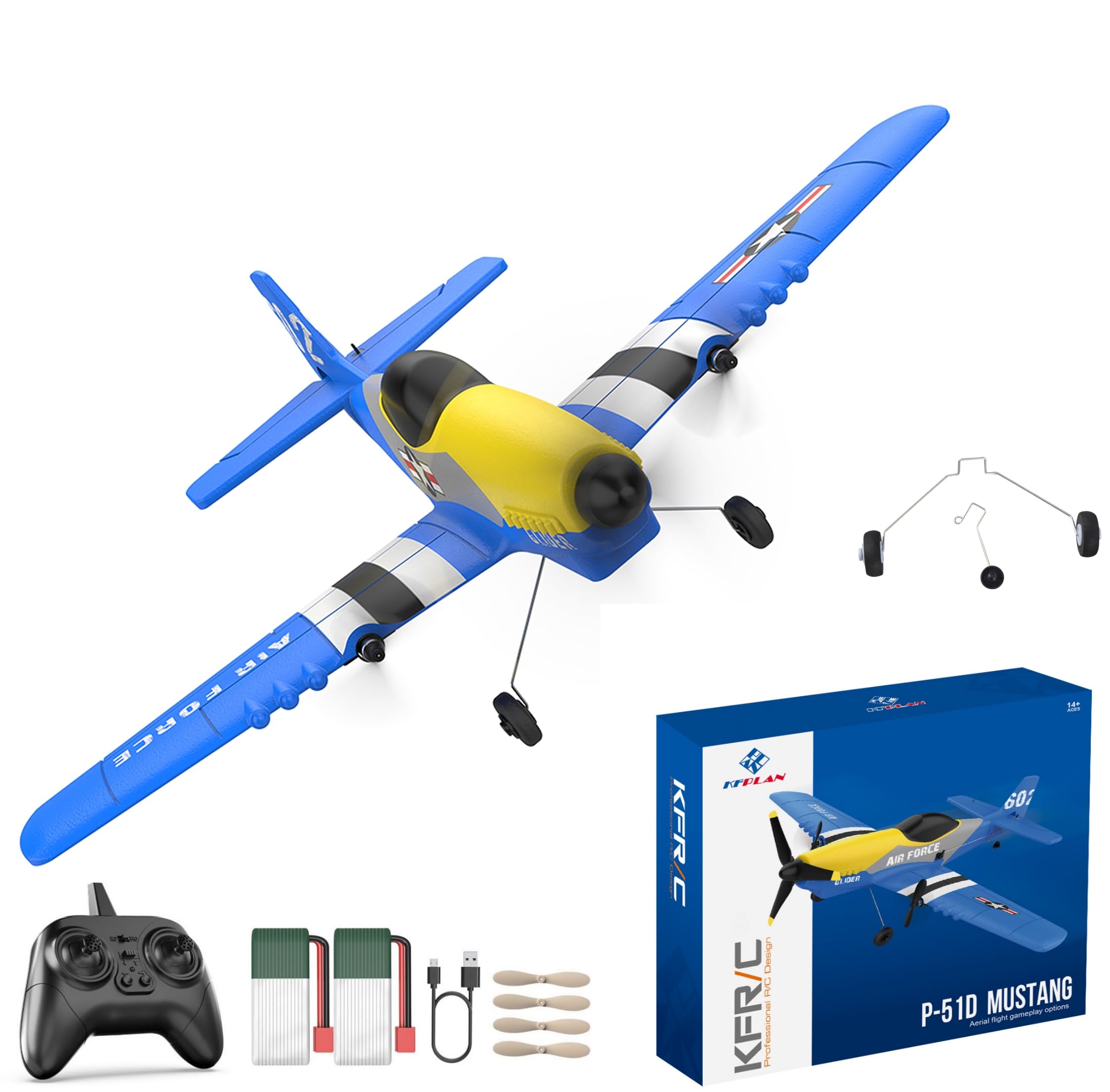 **3 Channel RC Plane P51D Mustang Fighter - 2 Batteries, Built-in Gyro Self-Stabilizing System, Easy to Fly Remote Control Airplane for Kids & Adults Beginners | Outdoor Hobby & Backyard Fun**