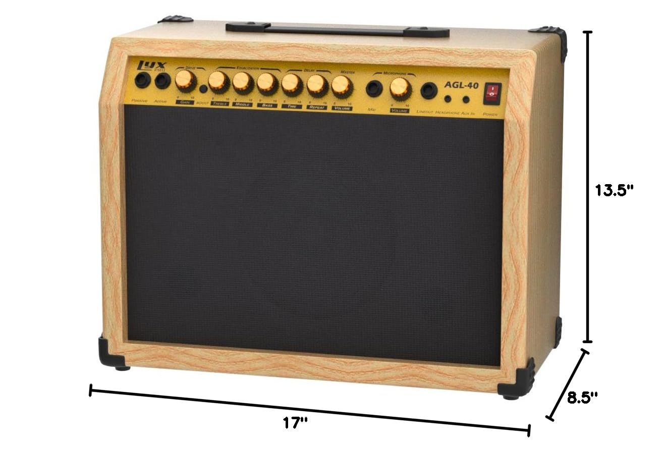LyxPro 40 Watt Electric Guitar Amplifier - Solid State Studio Amp with 8” 4-Ohm Speaker, Custom EQ, Drive & Delay Effects, ¼” Inputs for Passive/Active/Microphone, Aux & Headphone Jack - Natural Finish | Perfect for Home Practice, Studio Recording & Live Performances