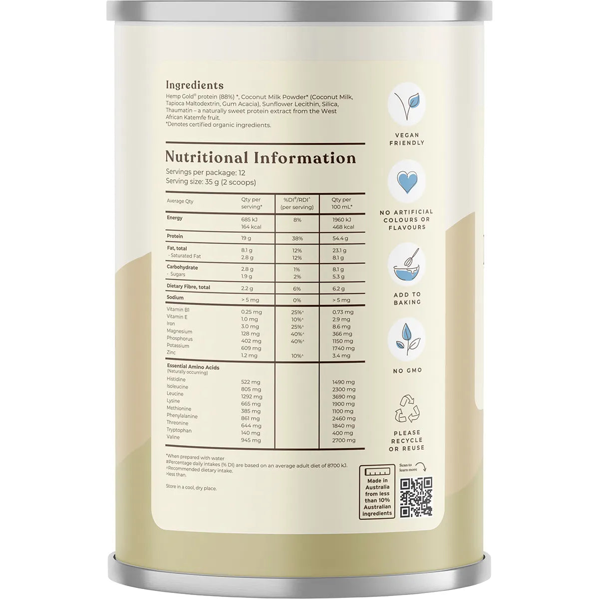 Organic Hemp Protein Powder Shake by Hemp Foods Australia - 420g Natural Plant-Based Protein for Smoothies, Baking & Post-Workout Recovery