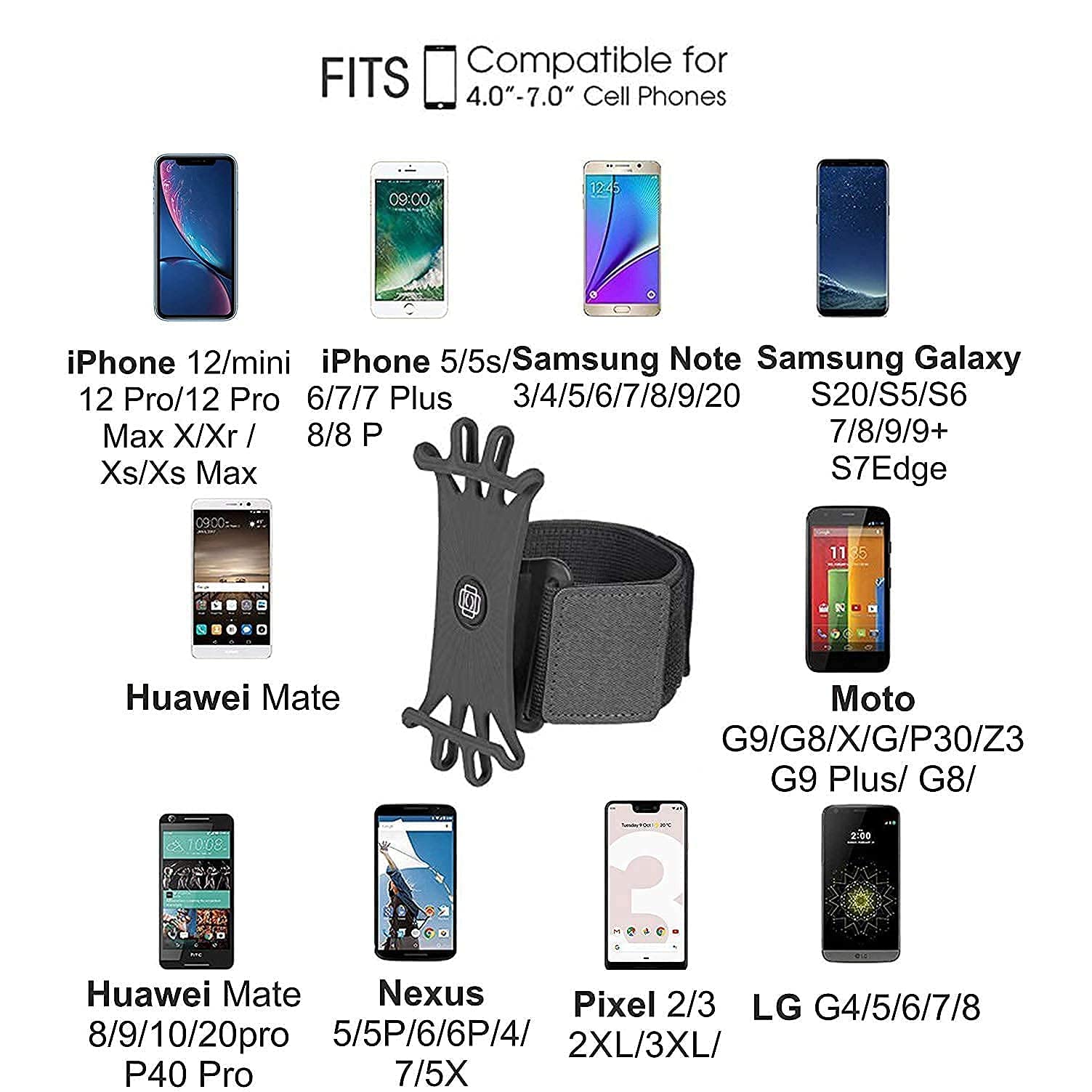 **Universal Running Armband Phone Holder - Adjustable 2-in-1 Arm & Wrist Band for iPhone, Samsung, Huawei, Google, Xiaomi, LG (4.0''-7.0'', Black with Extender Strap) - Perfect for Jogging, Gym & Outdoor Activities**