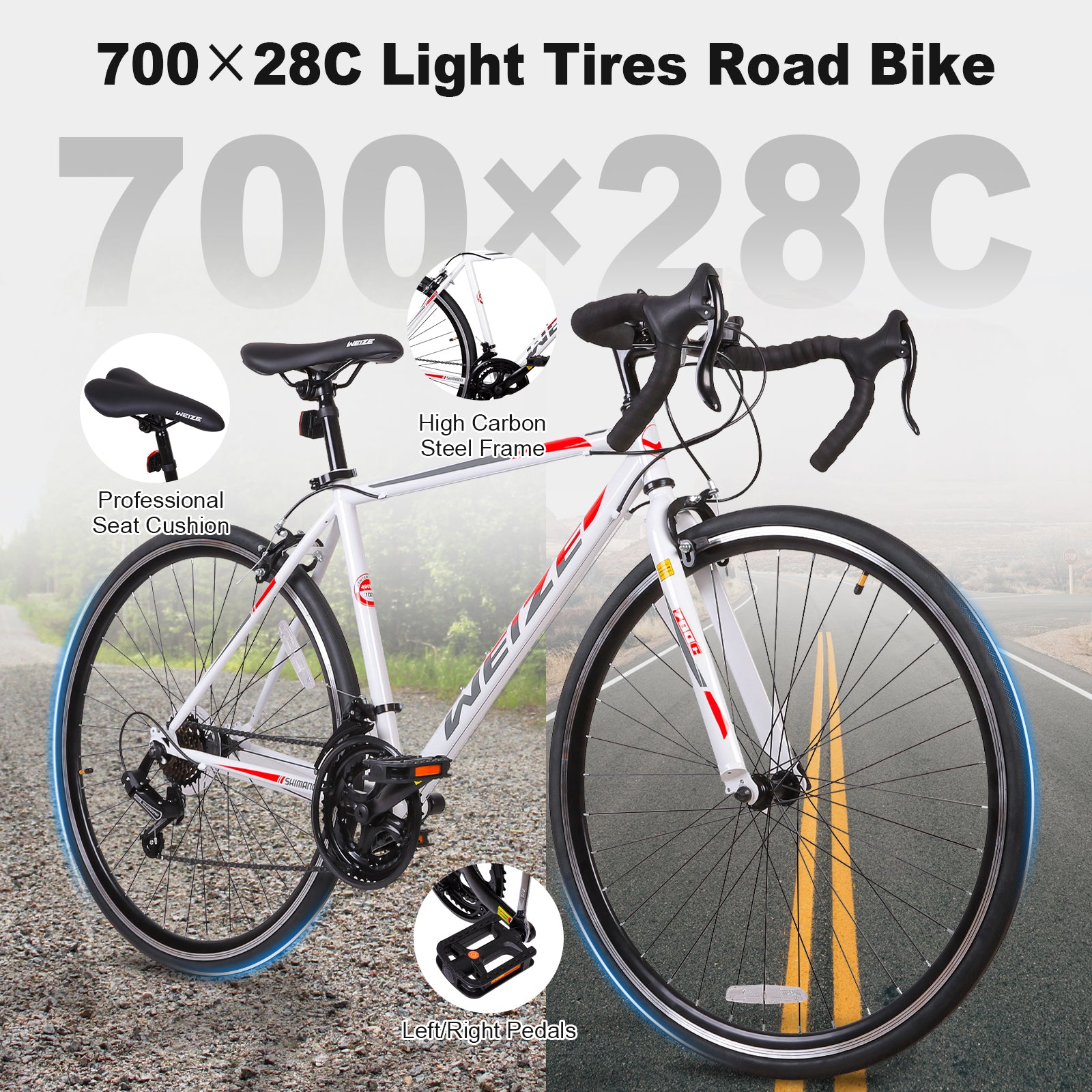 WEIZE 700C Road Bike - Shimano 14 Speed Commuter Bicycle with Drop Bar & Caliper Brakes - High Carbon Steel Hybrid Bike for Men & Women - Perfect for Urban Commuting, Fitness Riding & Weekend Adventures (White)