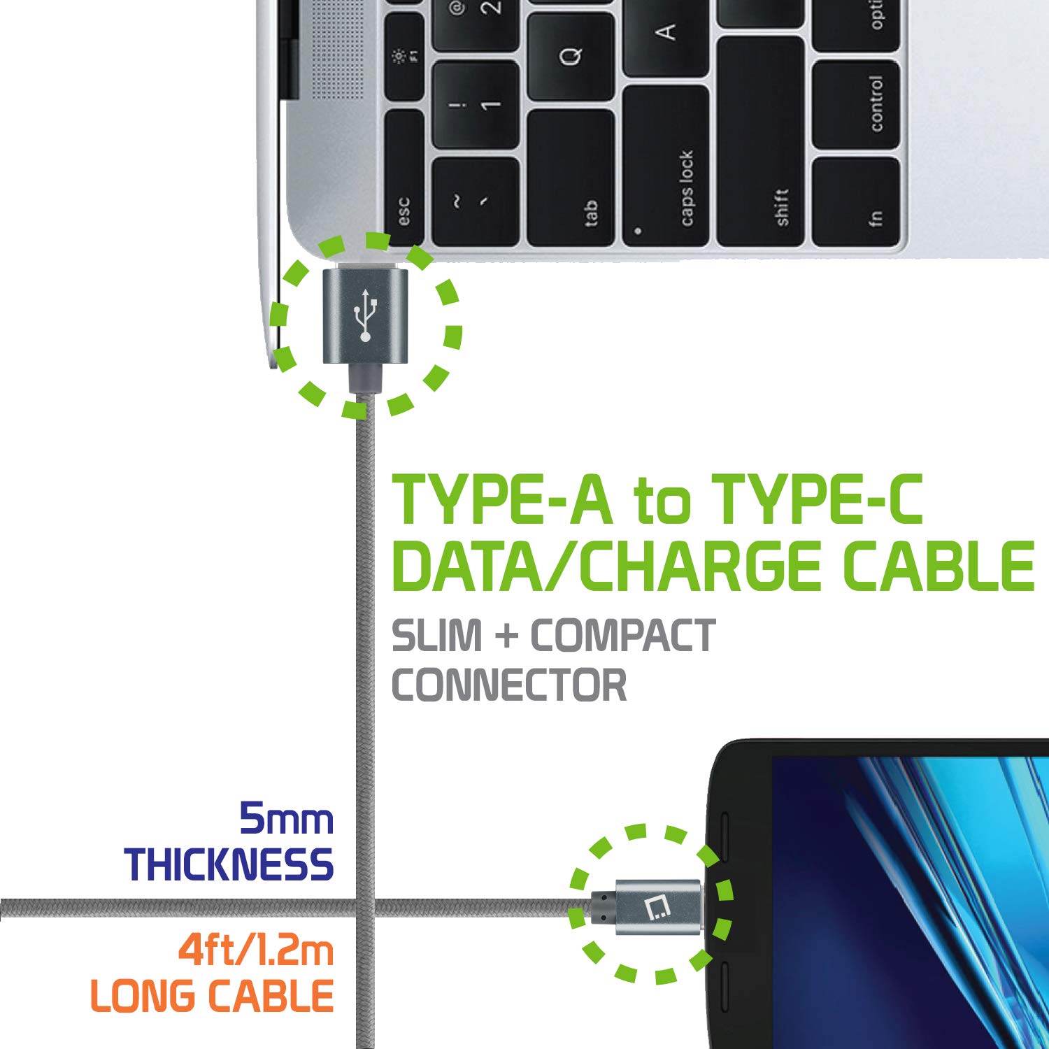 Premium Braided USB-C Cable 6.6ft Fast Charging & Data Sync - Compatible with iPhone 15, Samsung Galaxy, Google Pixel, Moto - Durable Nylon Cord for Home, Office & Travel (Gray)