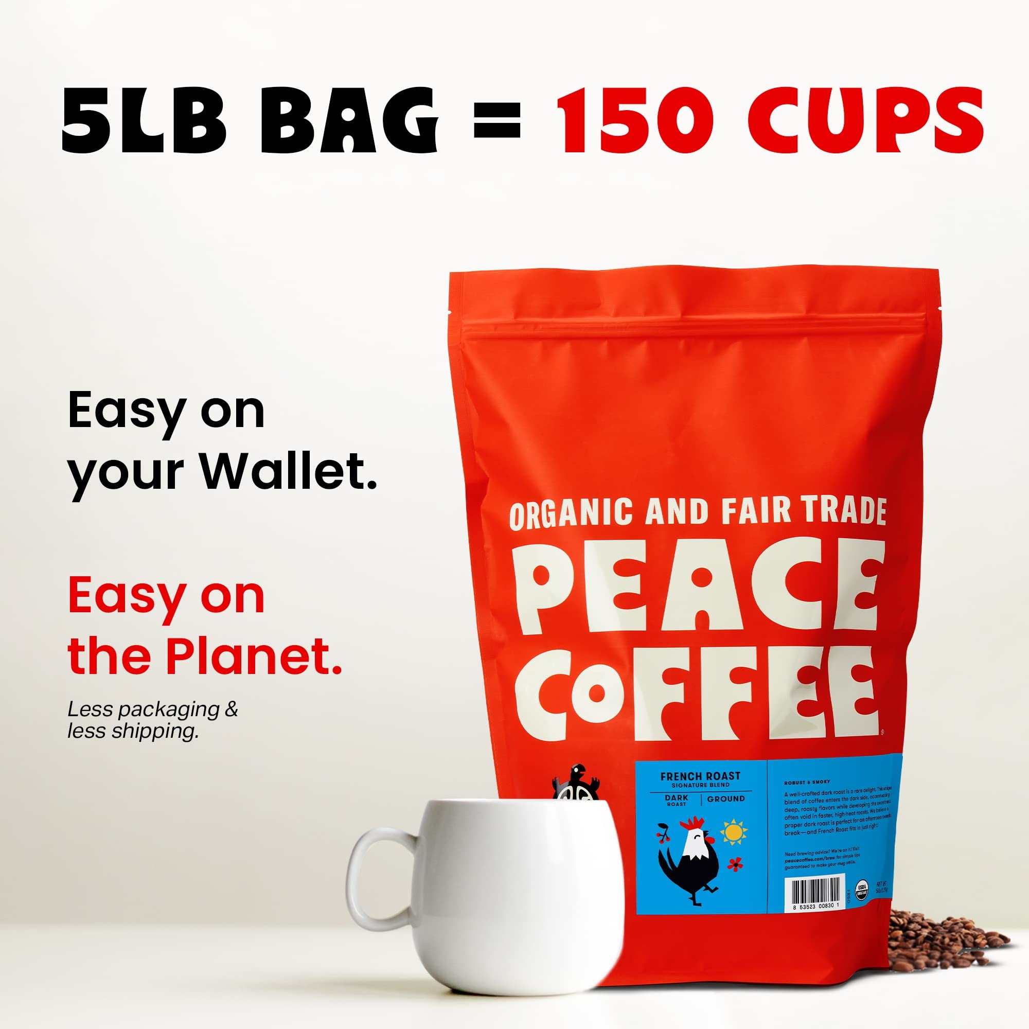 Organic Fair Trade French Roast Dark Roast Coffee - 5 lb Ground | Shade Grown, Fresh Roasted | Soft & Gentle Flavor | Perfect for Morning Brew, Office Use & Gift Giving