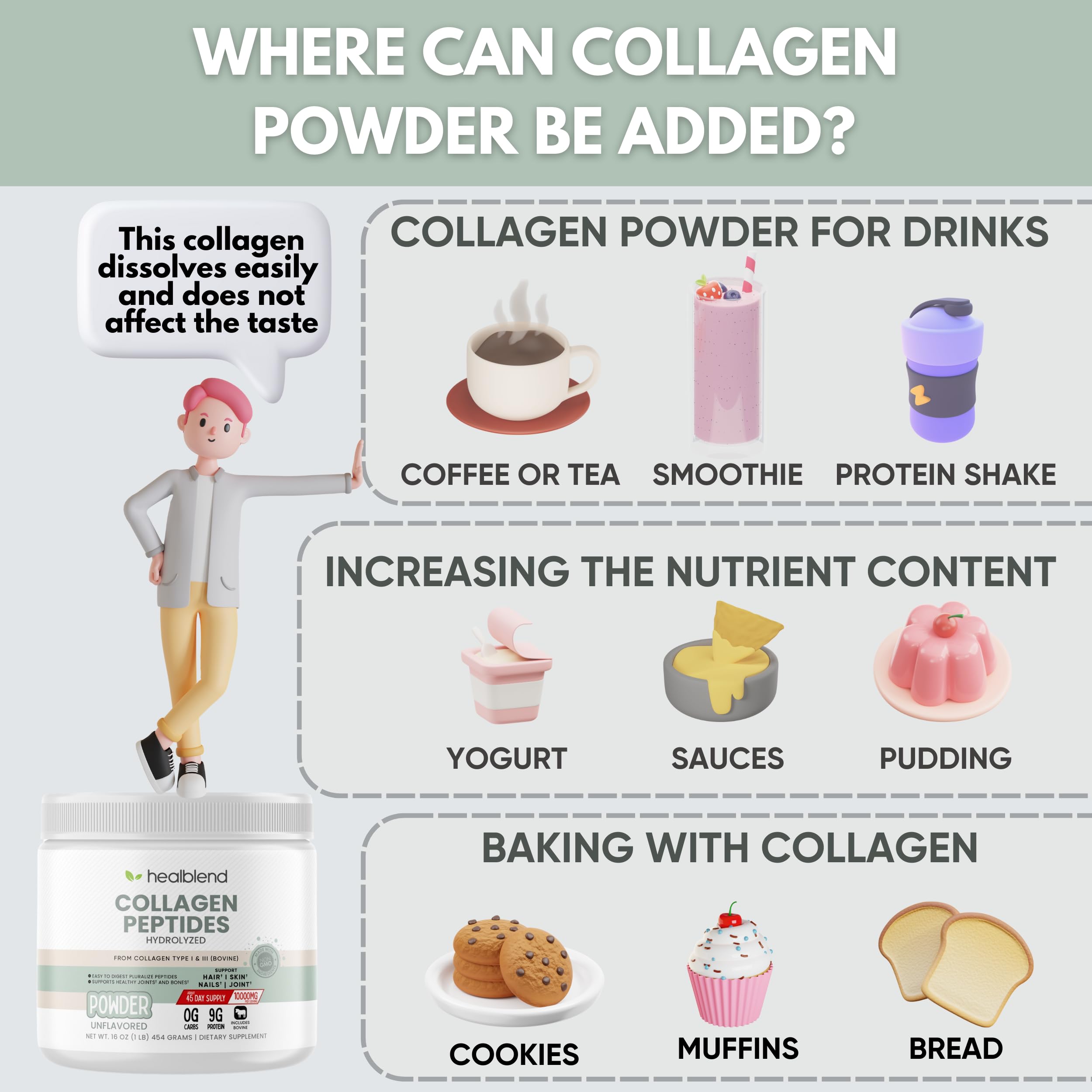 Healblend Hydrolyzed Bovine Collagen Powder - Multi Collagen Peptides Protein Supplement for Hair, Skin & Nail Health - 45 Servings (Perfect for Coffee, Smoothies & Daily Wellness Routine)