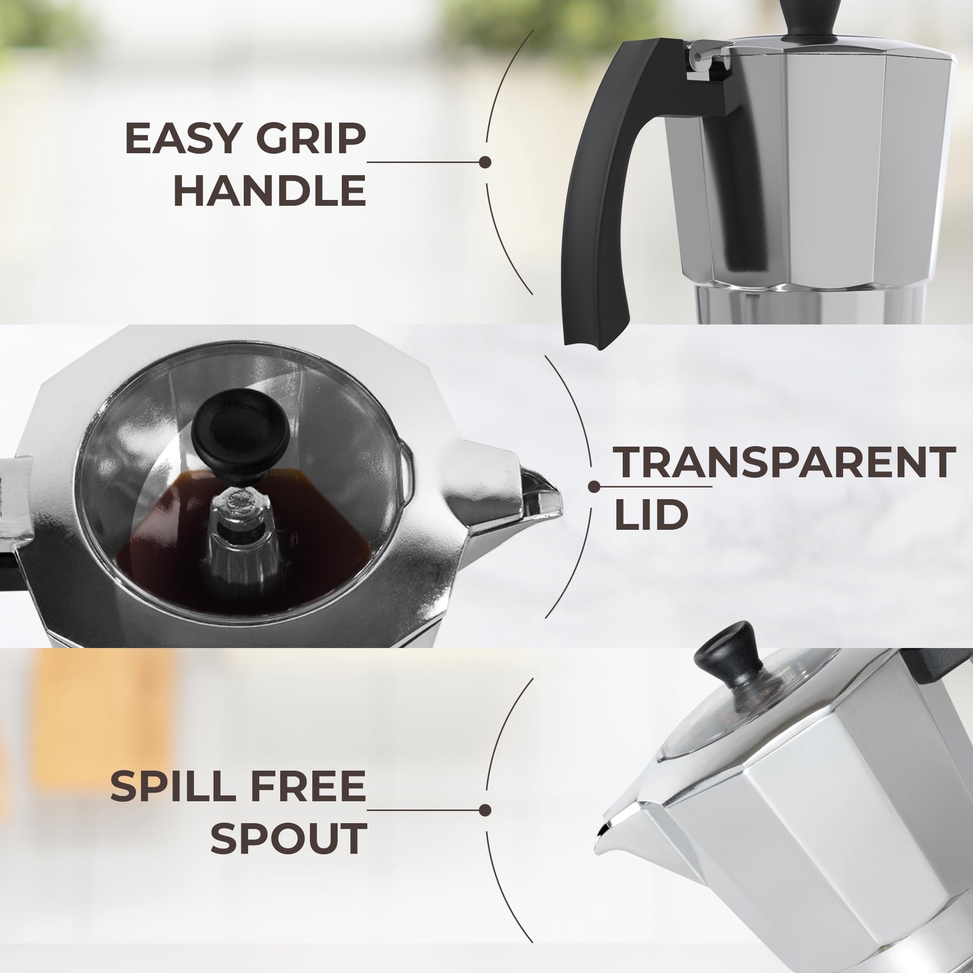 Cafe Du Chateau 6-Cup Espresso Maker & Coffee Percolator - Transparent Lid, High-Gloss Finish with Clip Spoon - Perfect for Camping, Home & Office Use