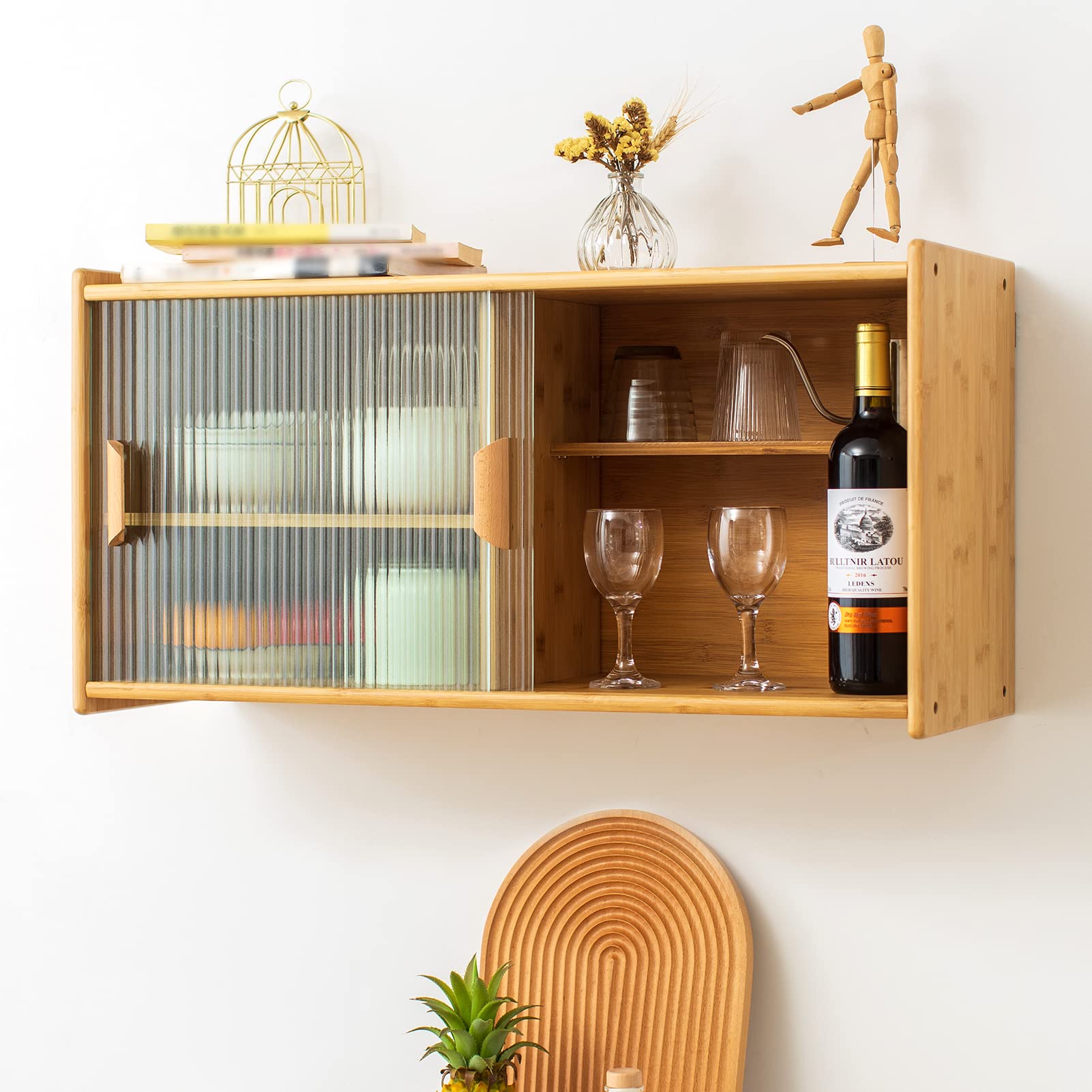 HollyHOME Small Bamboo Wall Mounted Kitchen Pantry Cabinet with 2 Doors - Coffee Bar & Wine Storage Organizer for Liquor Bottles, Glasses, Dishes - Perfect for Dining Room, Kitchen, Bar or Entryway Storage Solution