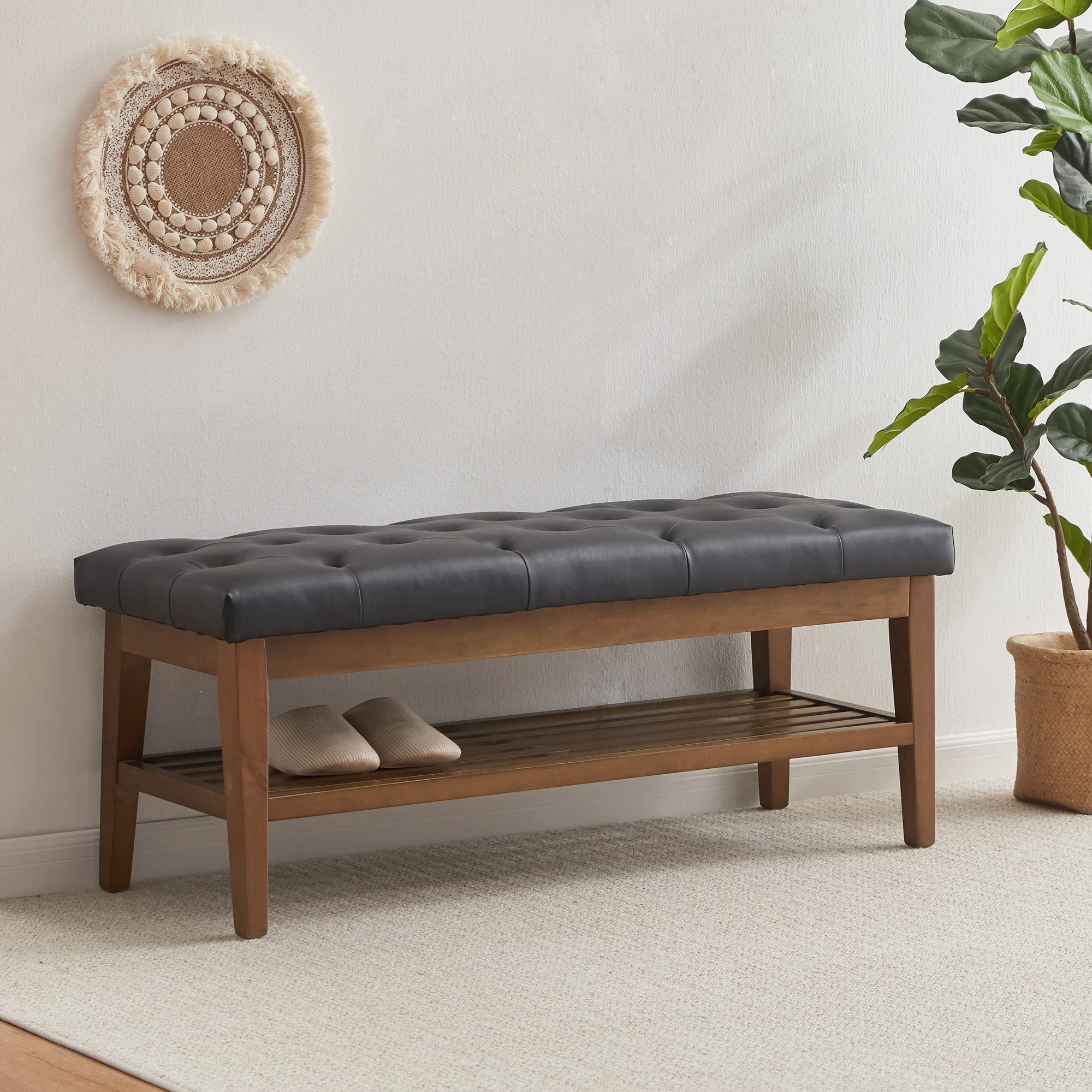 HUIMO PU Leather Entryway Bench with Button-Tufted Design - Solid Wood Shelf Storage Ottoman for Living Room, Bedroom & Dining Area - Versatile Shoe Bench, End of Bed Seat & Kitchen Dining Chair (Black)