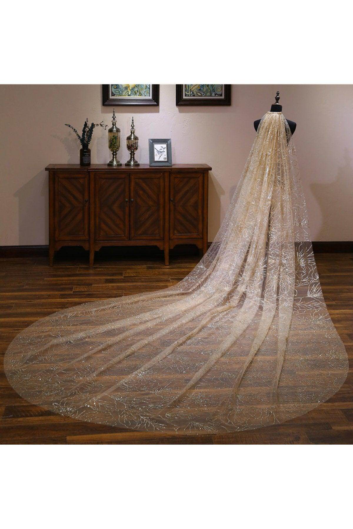 Elegant One-Tier Cut Edge Tulle Cathedral Wedding Veil with Sparkling Glitter Powder - CV0362 | Perfect for Bridal Ceremonies, Photo Shoots & Formal Events