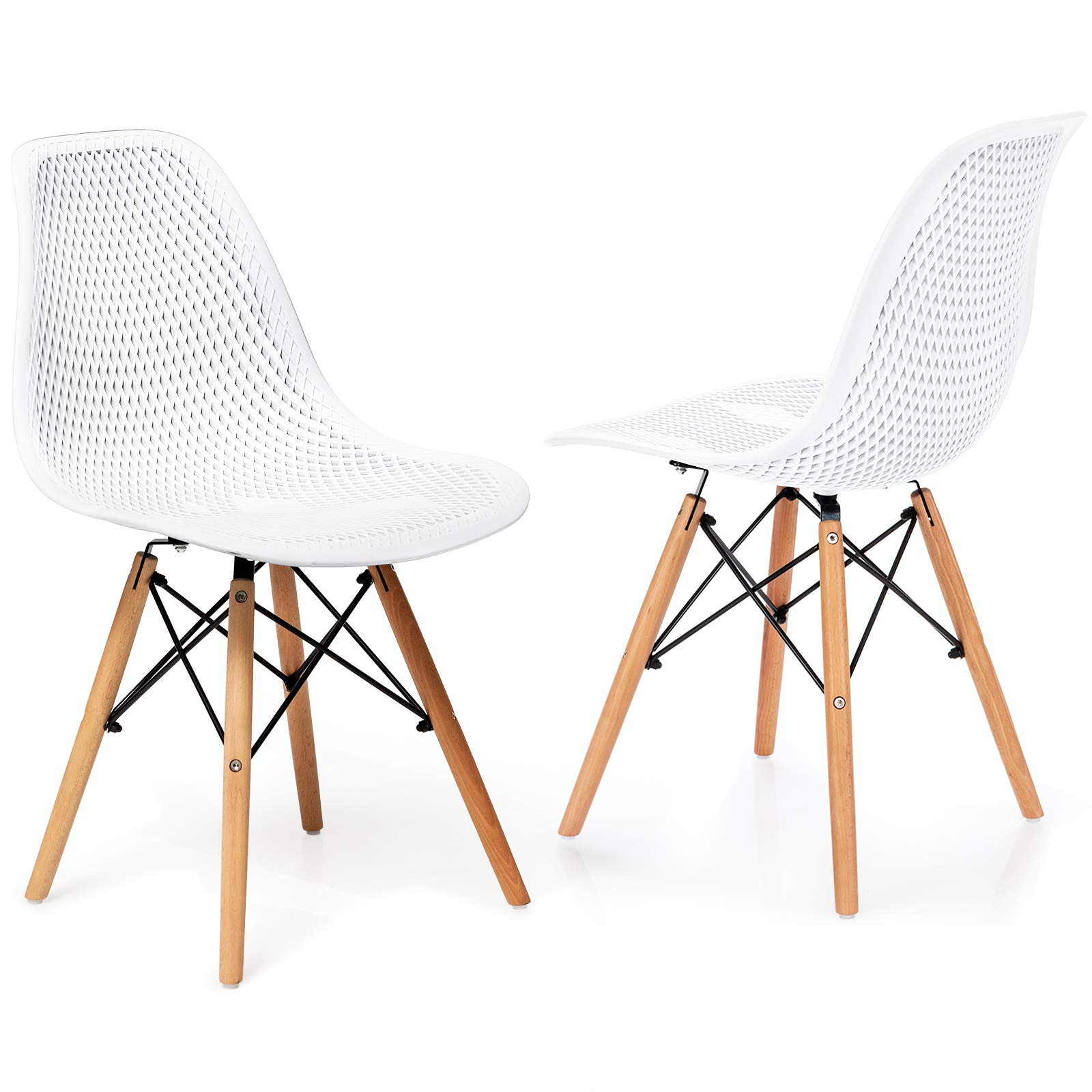 Giantex Set of 2 Modern Dining Chairs - Indoor/Outdoor Shell PP Lounge Side Chairs with Breathable Mesh Design & Sturdy Beech Wood Legs - White Tulip Leisure Chairs for Kitchen, Dining Room, Patio, Garden, and Cafe