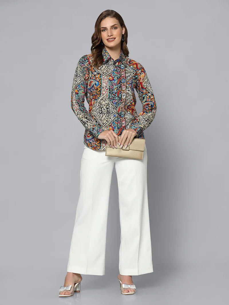 Stylish Printed Multicolor Collared Shirt & Comfort Fit Wide Leg Stretch Pants Set - Perfect for Office Wear, Casual Outings and Business Travel