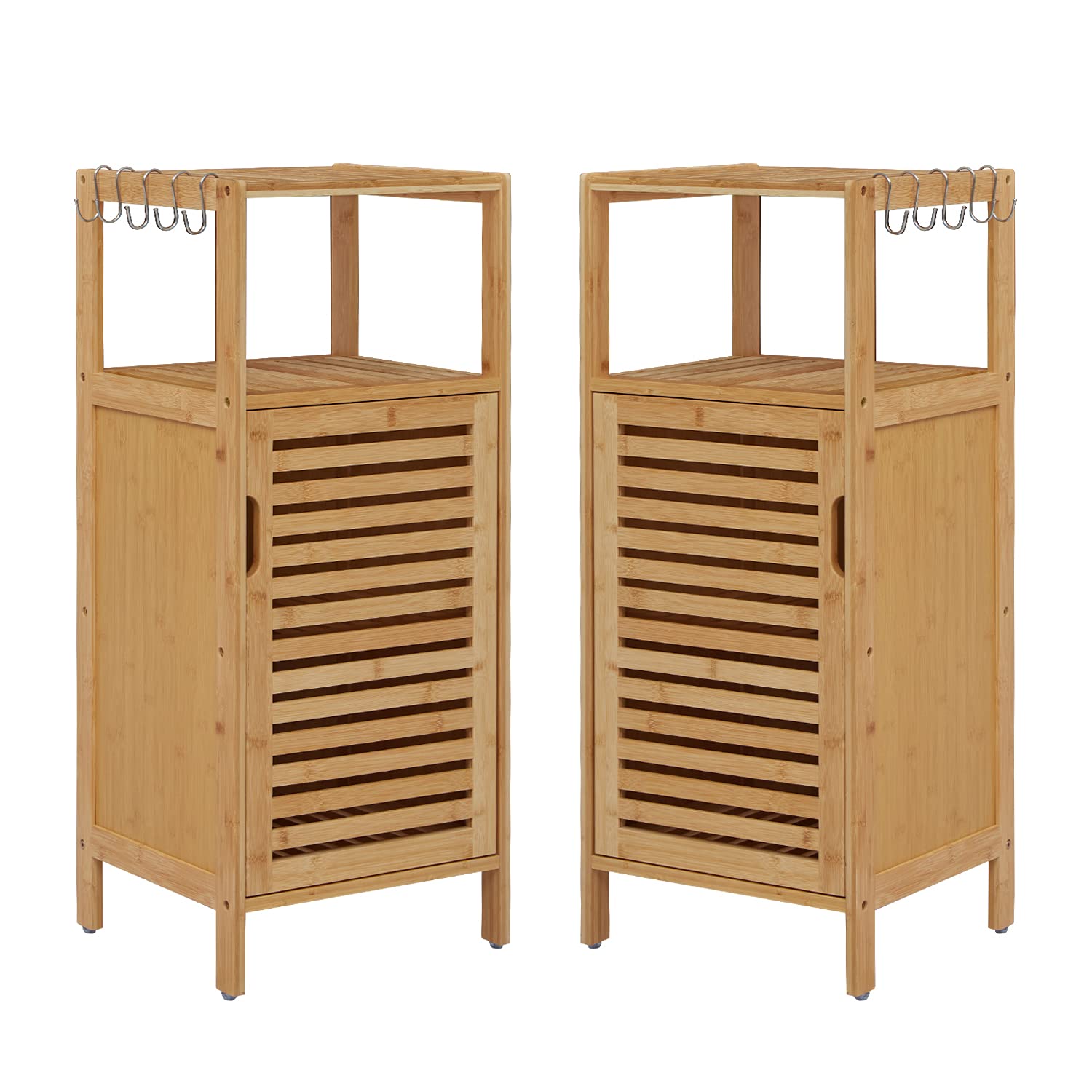 2-Tier Bamboo Bathroom Storage Cabinet with Doors & Open Shelves - Freestanding Multifunctional Organizer for Kitchen, Bathroom & Living Room - Natural Eco-Friendly Wooden Cupboard for Home Decor & Clutter Control