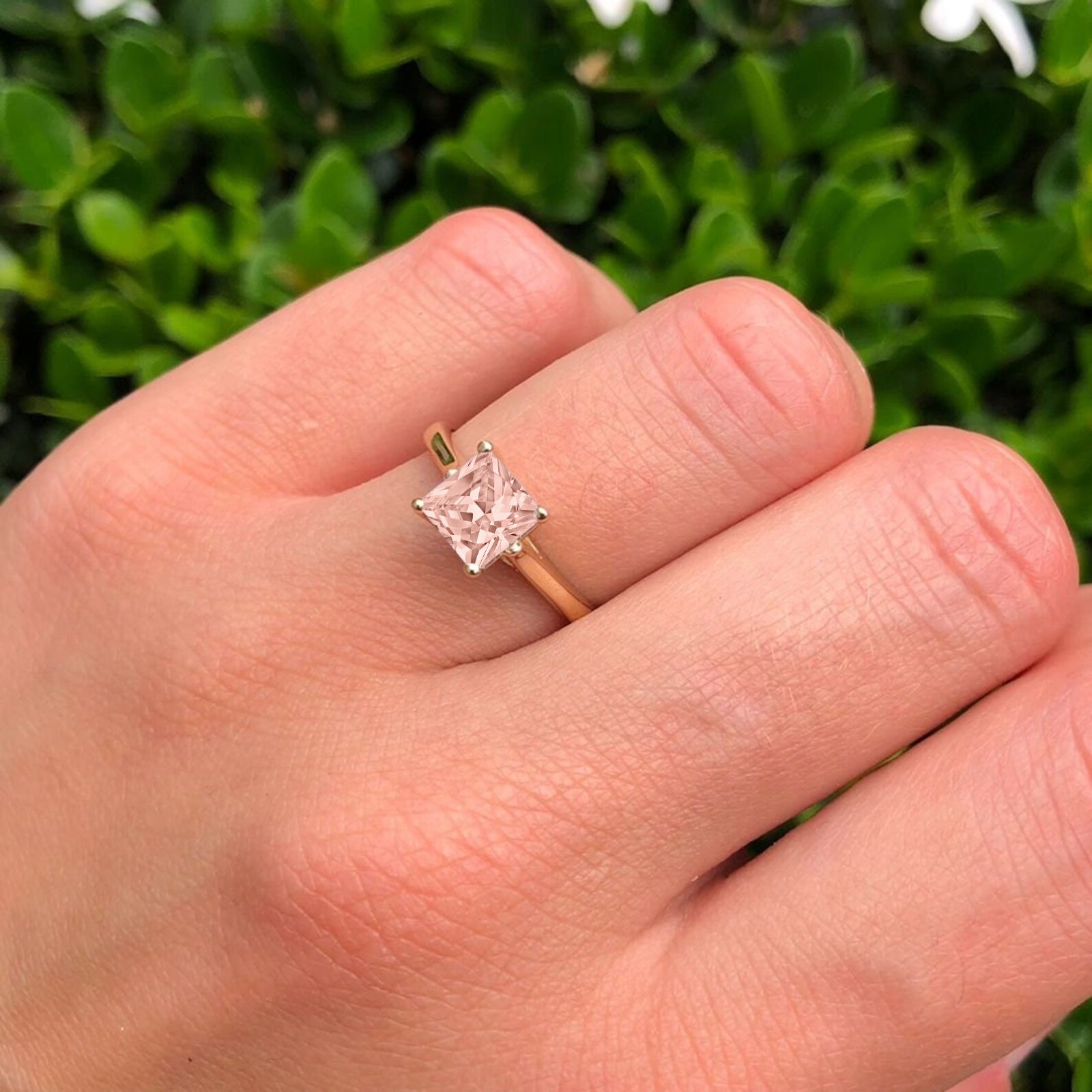 14K White Gold Princess Cut Morganite & CZ Solitaire Ring for Women – Elegant Engagement, Wedding, Anniversary Gift for Her – Perfect for Valentine’s Day, Proposal & Special Occasions