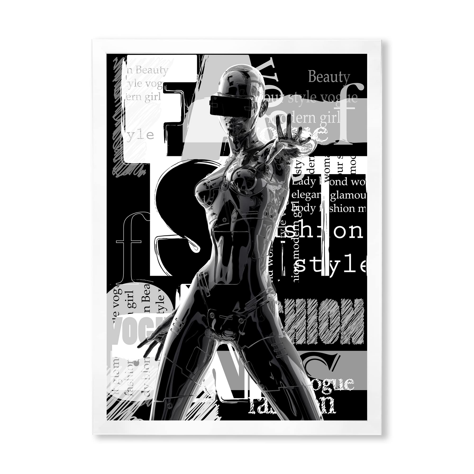 DesignQ Monochrome Cyborg Body II Modern Framed Wall Art Print - Futuristic Home & Office Decor for Living Room, Bedroom, or Studio