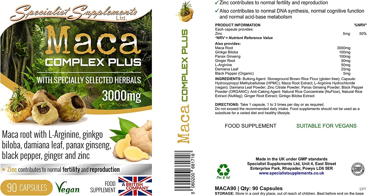 Specialist Supplements Maca Complex Plus 90 Capsules - Natural Energy & Vitality Booster for Men & Women - Supports Hormonal Balance & Stamina - Perfect for Fitness, Workout & Daily Wellness