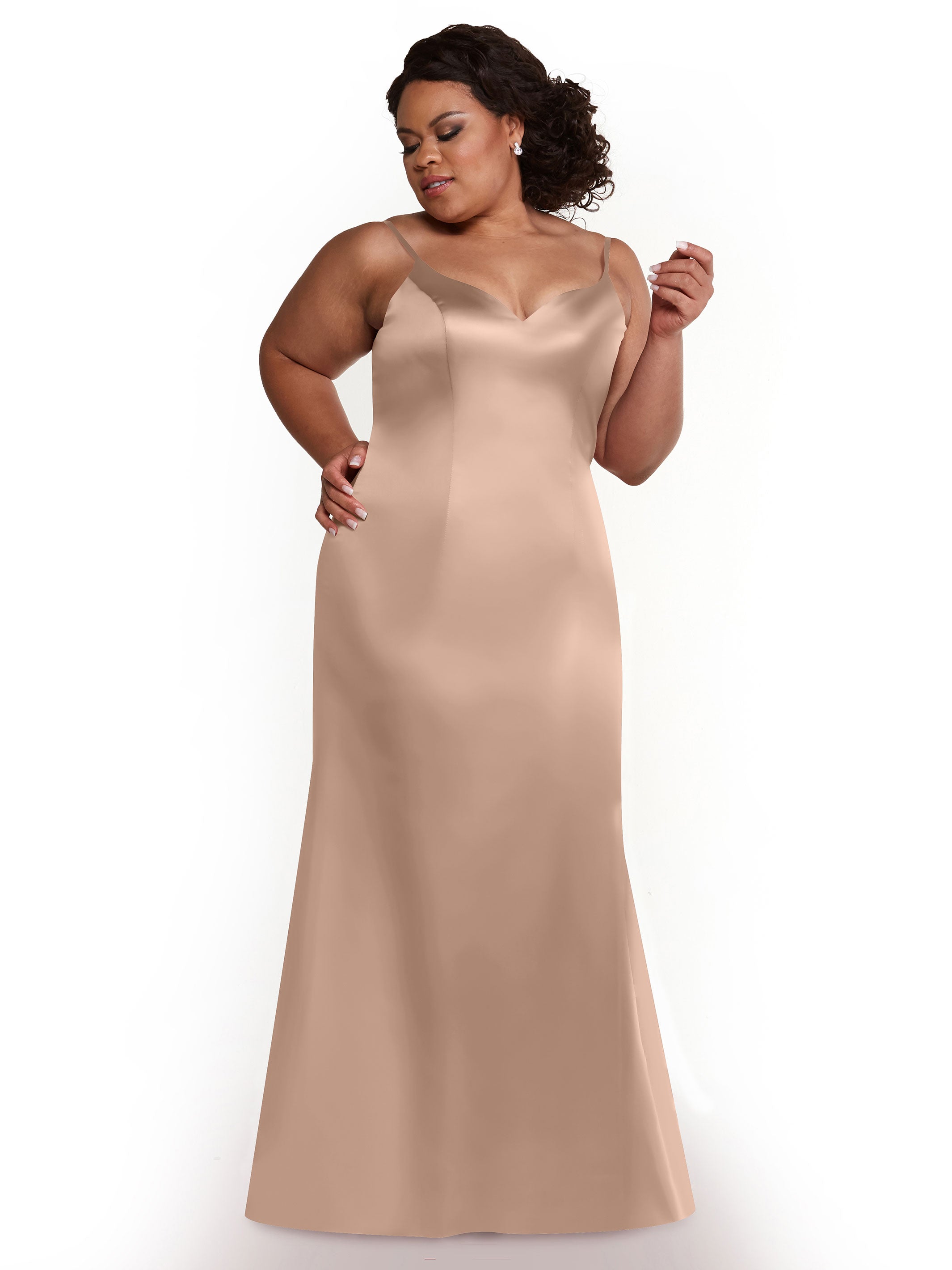 Elegant 80132 Fit and Flare Satin Bridesmaid Dress with Thigh High Slit - Perfect for Weddings, Proms, and Formal Events