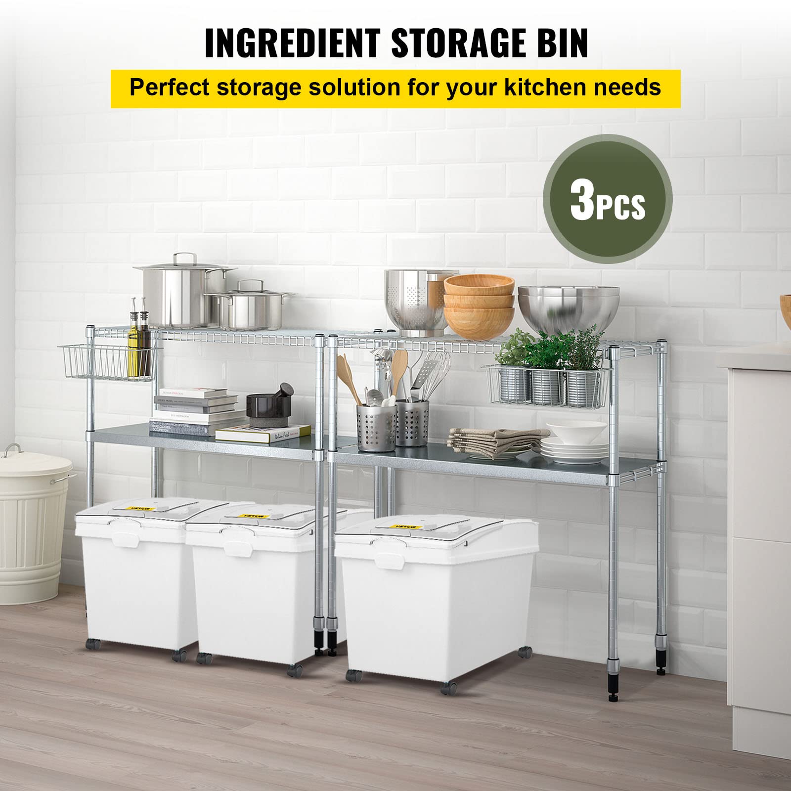 VEVOR 10.5 Gallon Commercial Ingredient Storage Bin Set - 3-Piece White PP Plastic Flour Bins with Wheels, Scoop & Sliding Lid - Ideal for Bakery, Restaurant, and Bulk Food Storage Organization