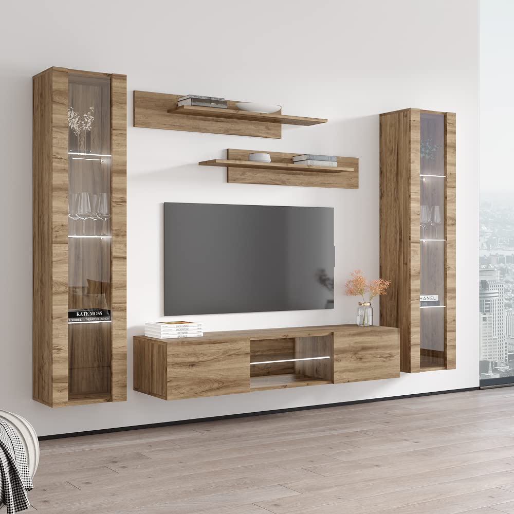 Modern Floating TV Stand with Storage & LED Lights - Wall-Mounted Entertainment Center for Bedroom & Living Room - Oak Wood TV Console with Shelves | Perfect for Small Spaces & Home Theater Setup