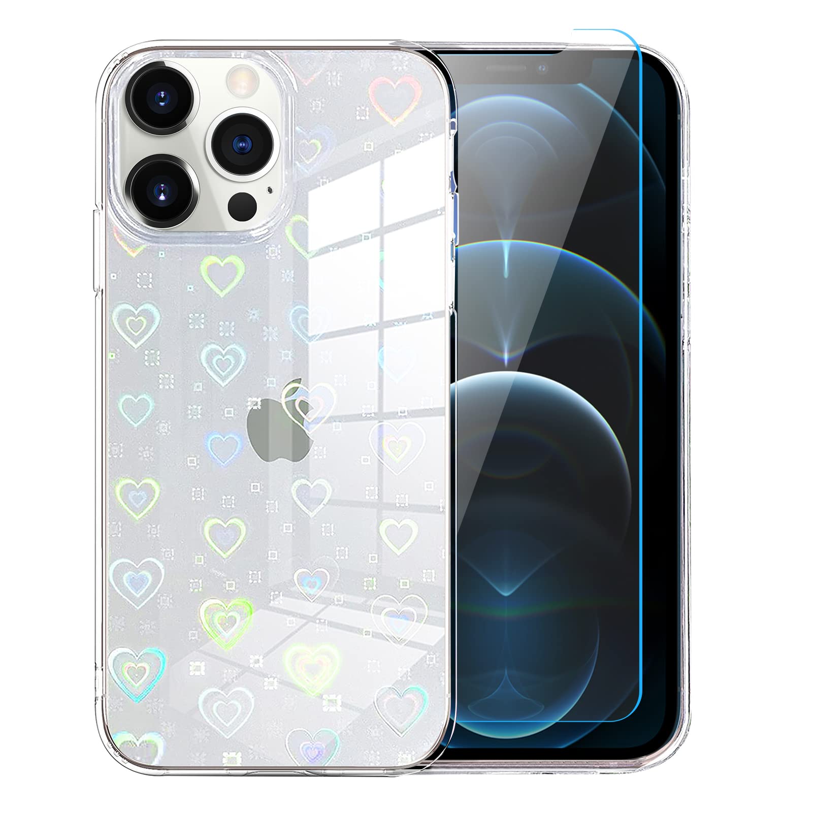MZELQ iPhone 12 Pro Max Case with Laser Bling Glitter & Rainbow Heart Design - Luxury Crystal Phone Cover for Women + Screen Protector | Cute Protective Case for Everyday Use, Work & Travel