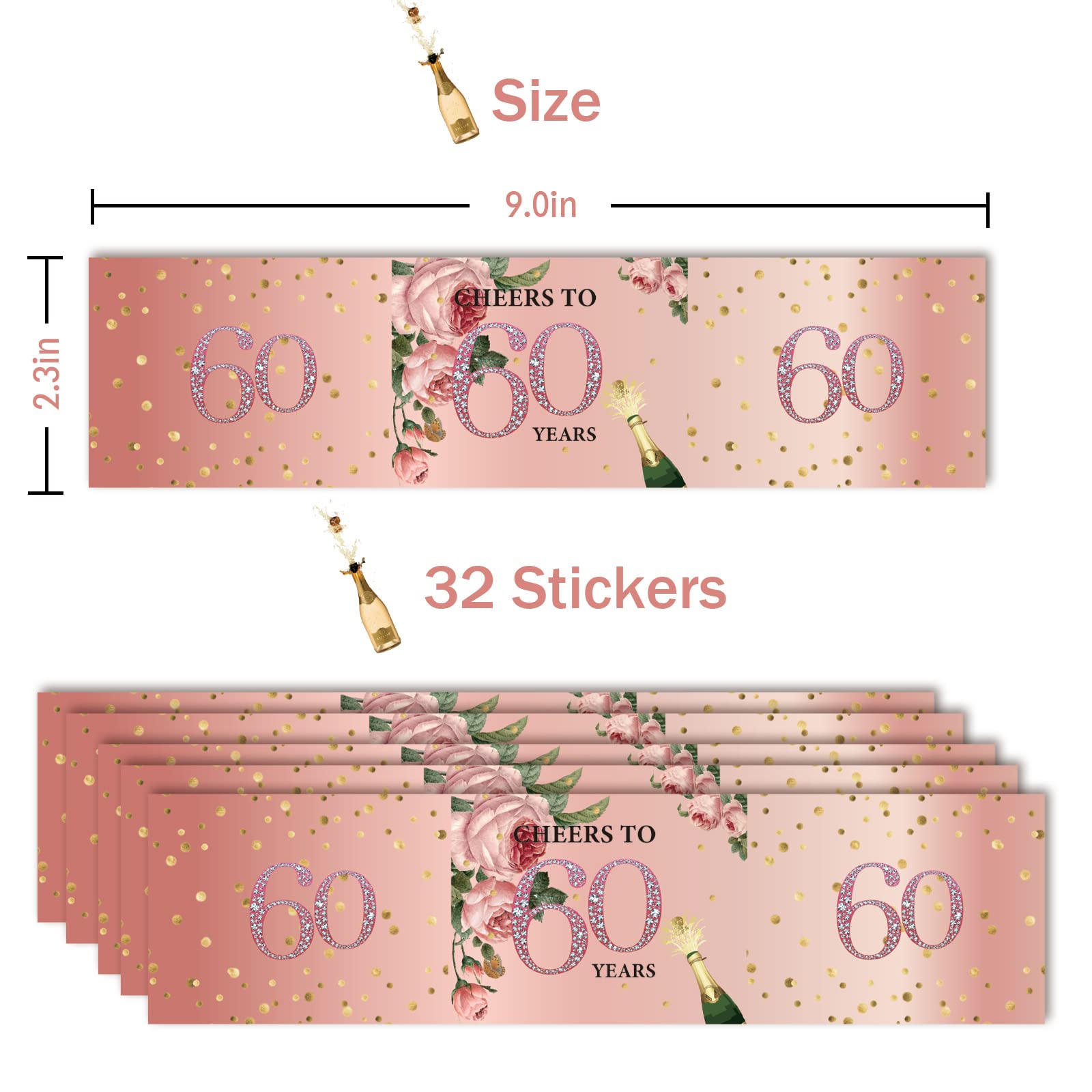 35 Pcs Happy 60th Birthday Water Bottle Stickers - 60th Anniversary Party Labels, Sixty Years Old Celebration Decorations - Pink | Perfect for Birthday Parties, Anniversary Events & Water Bottle Decorations