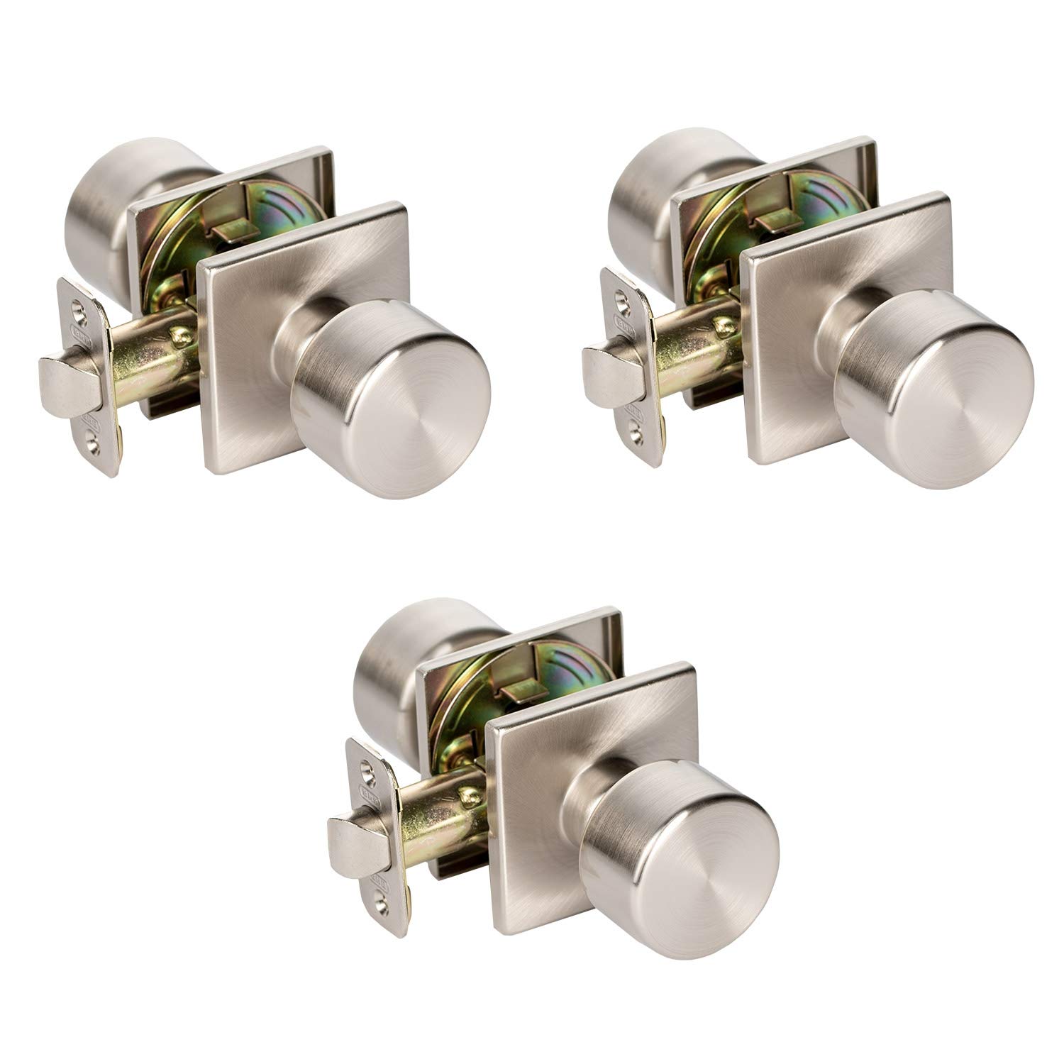 Burton Value 3-Pack Modern Satin Nickel Door Knobs - Square Rose Design for Hallway & Closet Doors | Durable Hardware for Home Interior Upgrade