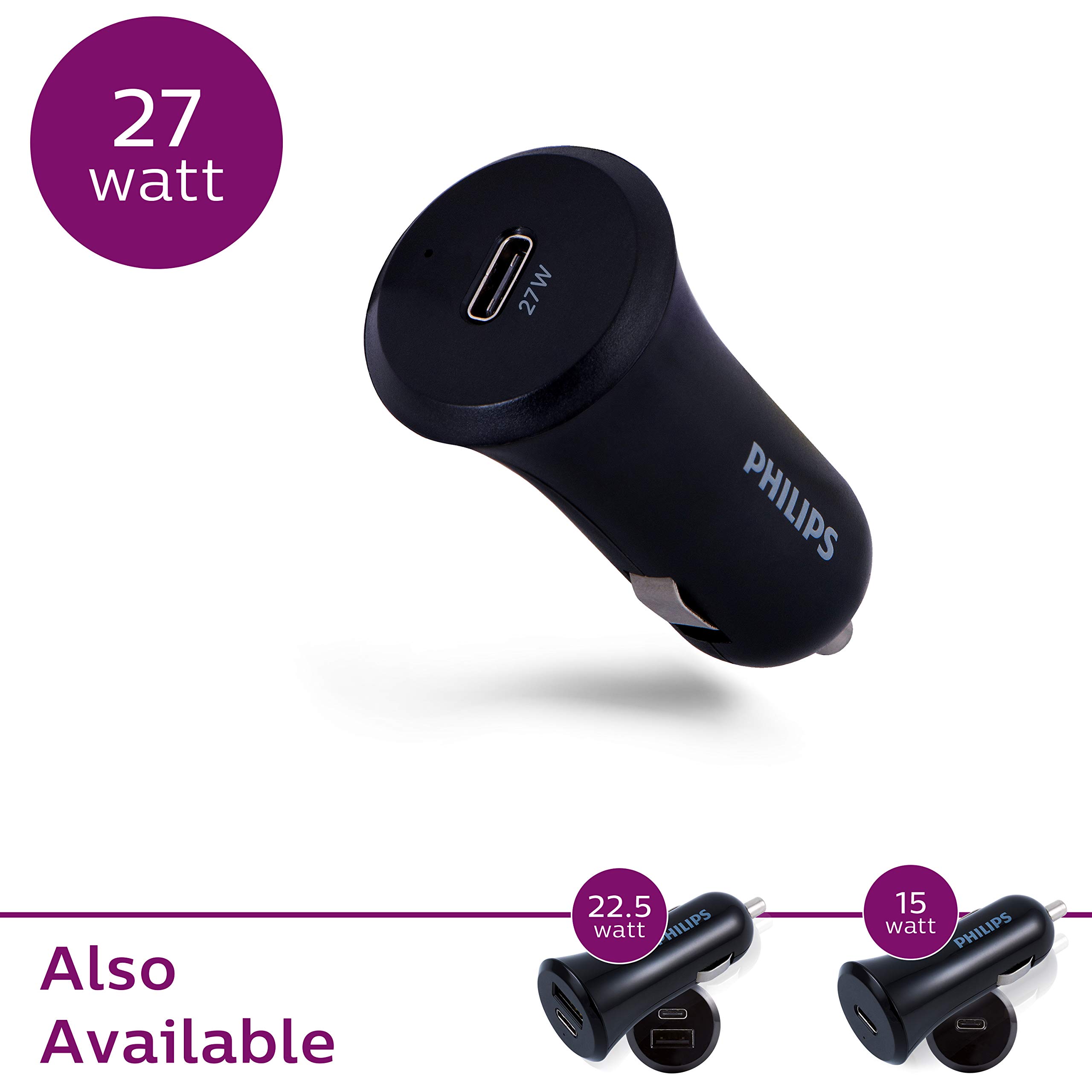 Philips 27W USB C Car Charger Fast Charging Adapter - Dual Port Cigarette Lighter Phone Charger for iPhone 16/15 Series, Samsung Galaxy, iPad & More - Perfect for Road Trips & Daily Commute (Black, DLP2559Q/37)