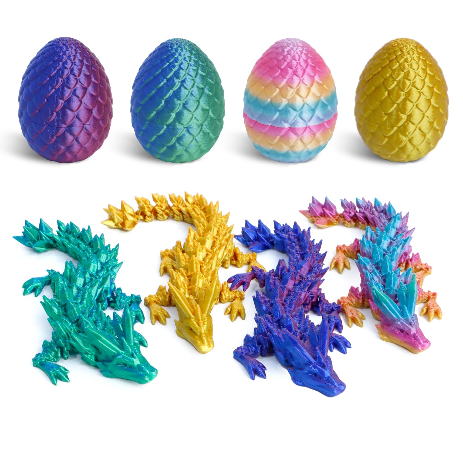 3D Printed Dragon Easter Eggs - 4 Pack with Articulated Crystal Dragon Fidget Toy for Desk Decor & Easter Basket Stuffers (Blue/Green/Gold) - Perfect for Gifts & Stress Relief