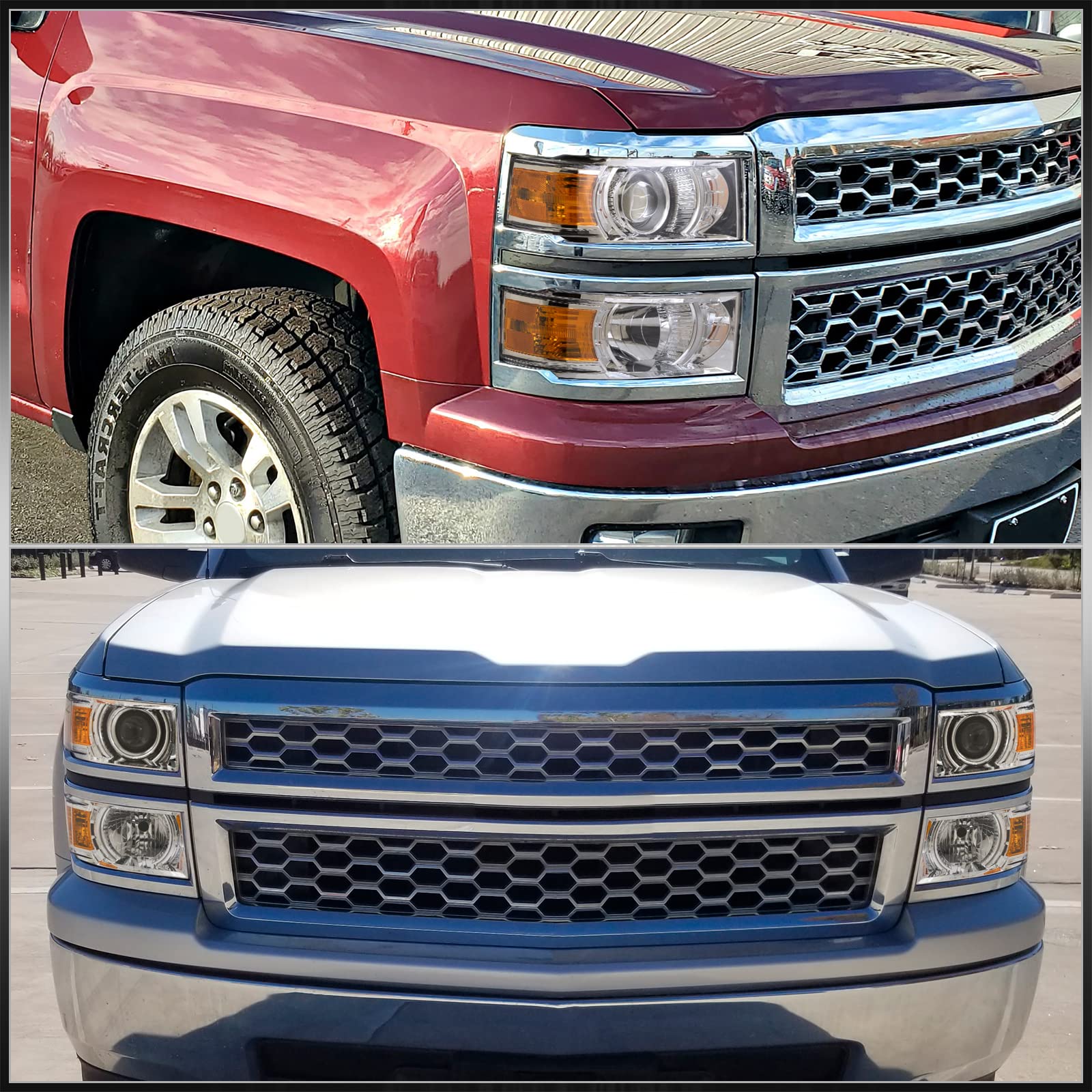 Chrome Housing Amber Reflector Signal Projector Headlights Assembly Pair Set LH+RH Compatible with Chevy Silverado 1500 Pickup 2014-2015 - Upgrade Your Truck Lighting for Night Driving & Off-Road Adventures