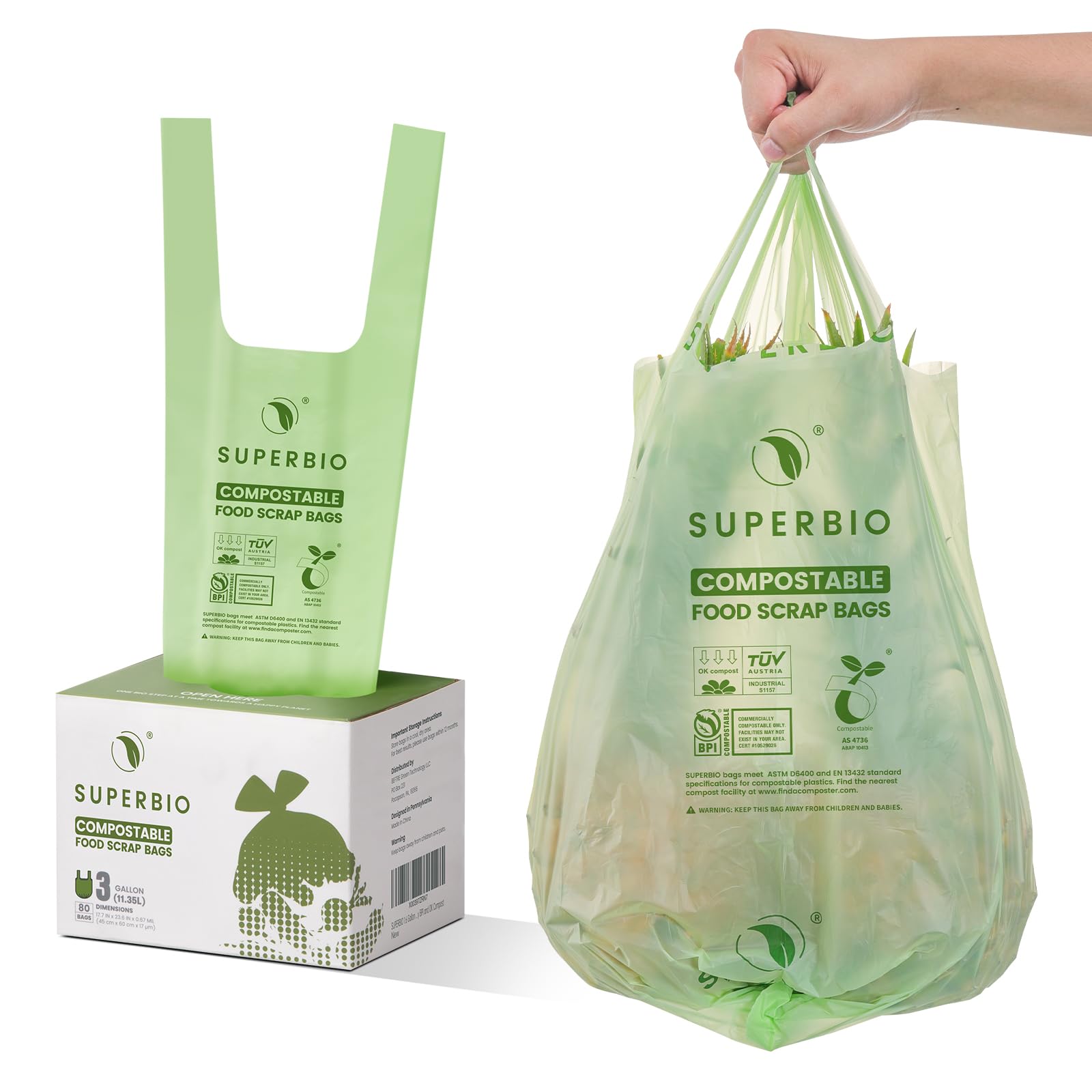 SUPERBIO 3 Gallon Compostable Food Waste Bags - 80 Count with Handles | ASTM D6400 Certified, BPI & OK Compost INDUSTRIAL Approved | Perfect for Kitchen Compost Bins, Organic Waste Collection & Eco-Friendly Disposal