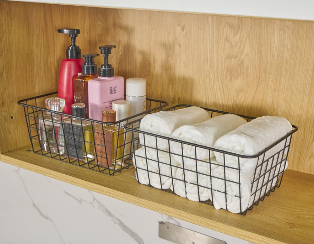 4-Pack Black Wire Storage Baskets - Stackable Kitchen Pantry Organizer for Countertop, Bathroom & Bedroom | Perfect for Laundry, Tabletop & Home Organization