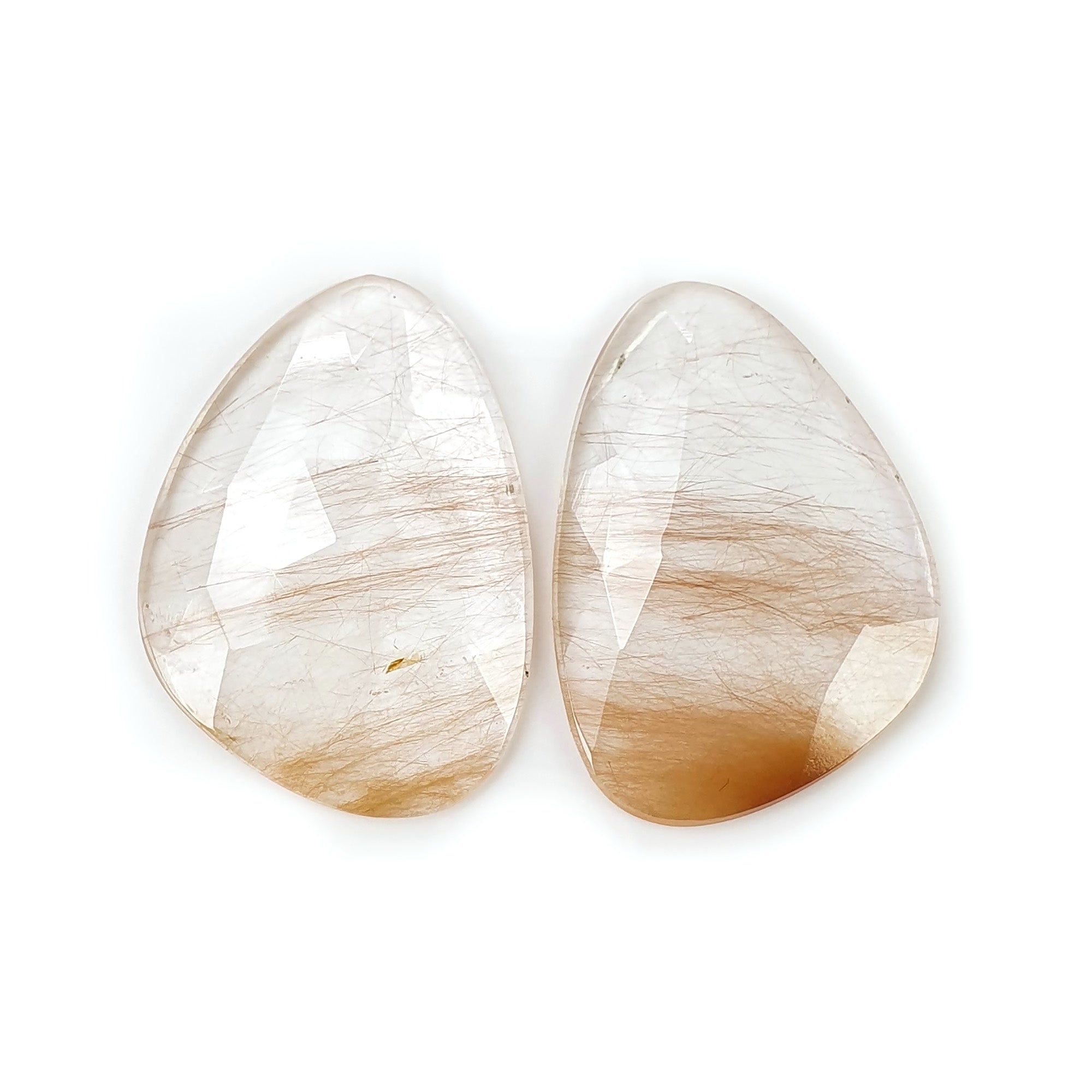 Natural Brown Rutile Quartz Gemstone Rose Cut - 36.90cts Untreated Unheated Rutile Pair (31x22mm) | Healing Crystal, Jewelry Making, Meditation Stone | With Video