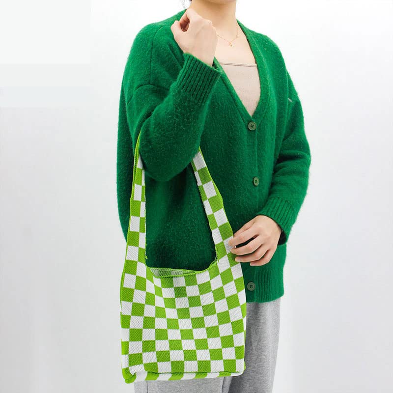Checkered Tote Bag for Women - Stylish Knitted Shoulder Bag with Chessboard Pattern - Perfect for Shopping, Beach, Work & Daily Use