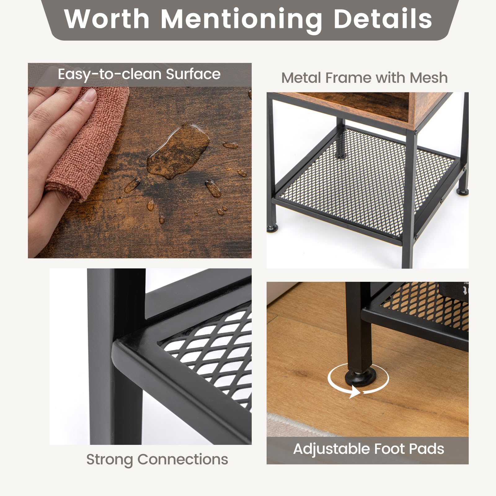 Giantex 2-Tier Industrial End Table Set of 2 with Open & Mesh Storage Shelves - Sturdy Metal Frame Telephone Table for Small Spaces - Rustic Brown Bedside Nightstand for Living Room & Bedroom - Perfect for Compact Apartments, Dorms and Office Spaces