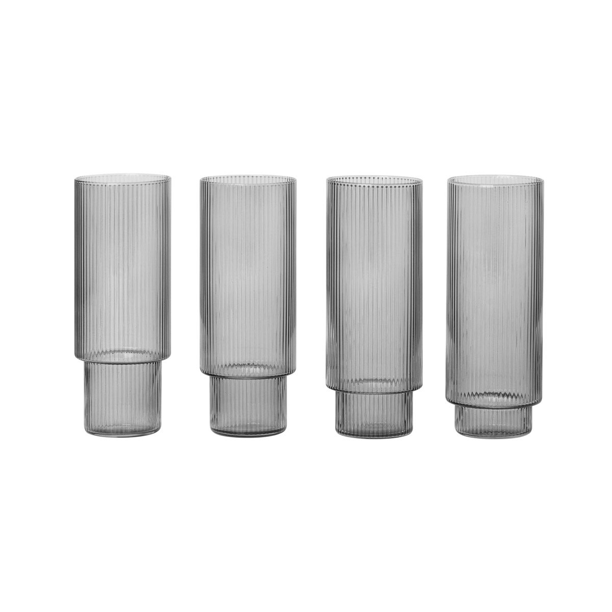FERM LIVING Ripple Long Drink Glasses Set of 4 - Smoked Grey Modern Tumbler for Cocktails, Iced Coffee & Home Bar Decor