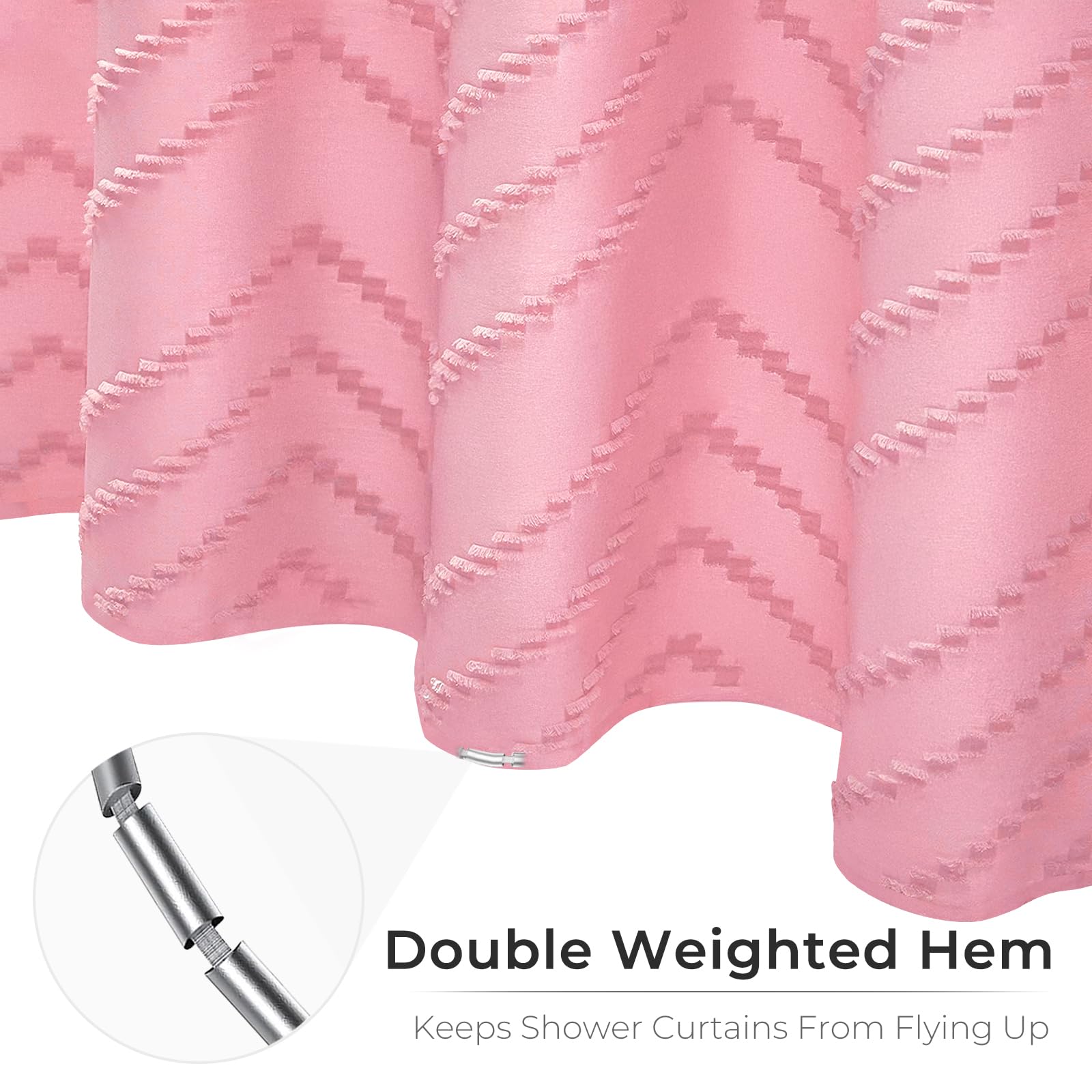 Pink Boho Shower Curtain - Tufted Chevron Textured Bathroom Decor, Modern Minimalist Striped Design, 72x72 Inches - Perfect for Boho Chic, Farmhouse & Modern Bathrooms