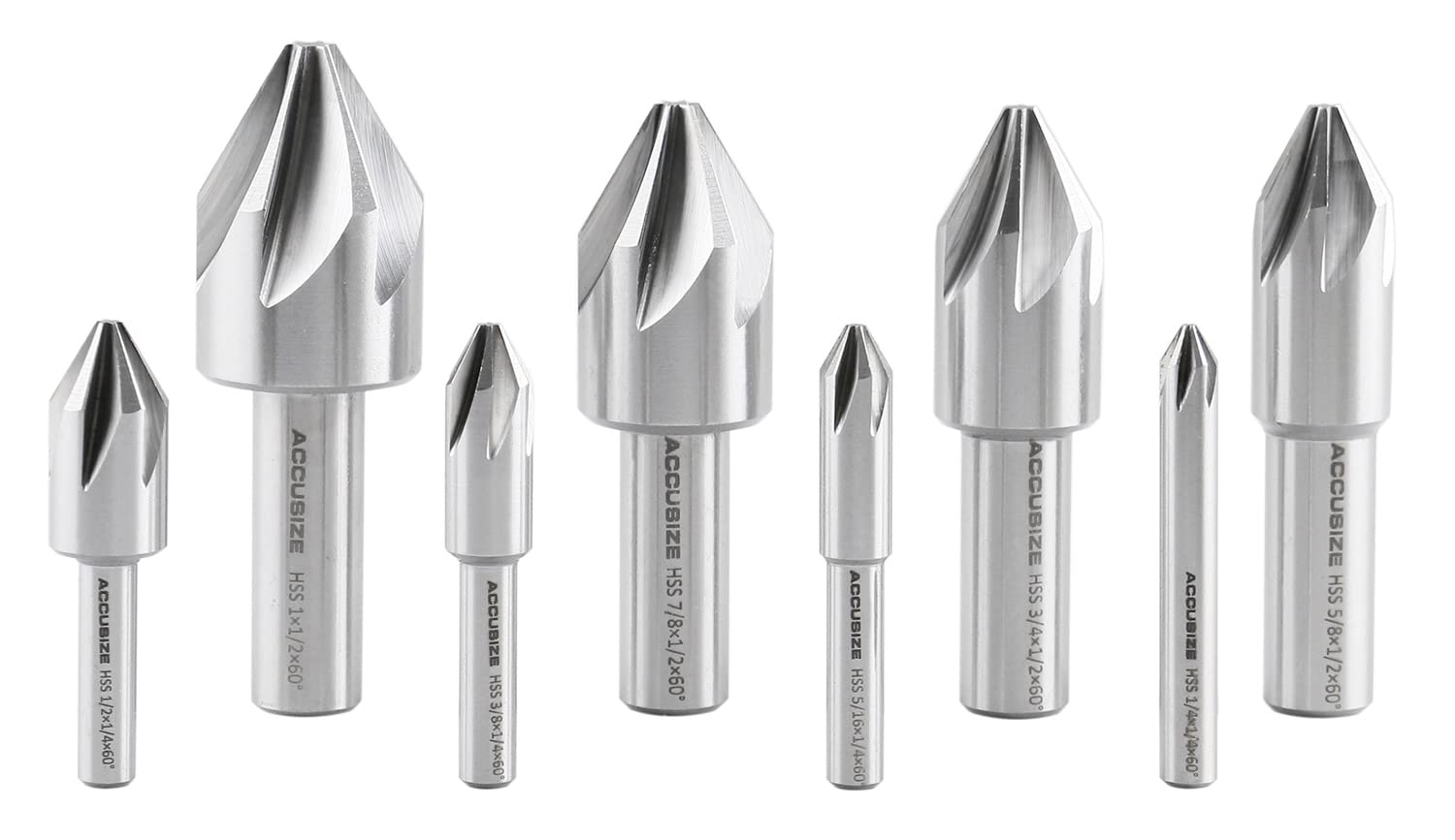 Accusize Industrial Tools 60 Degree 6 Flute HSS Machine Countersink Set - 8 Pcs Precision Ground for Metalworking, Woodworking & DIY Projects - Model 0206-0010