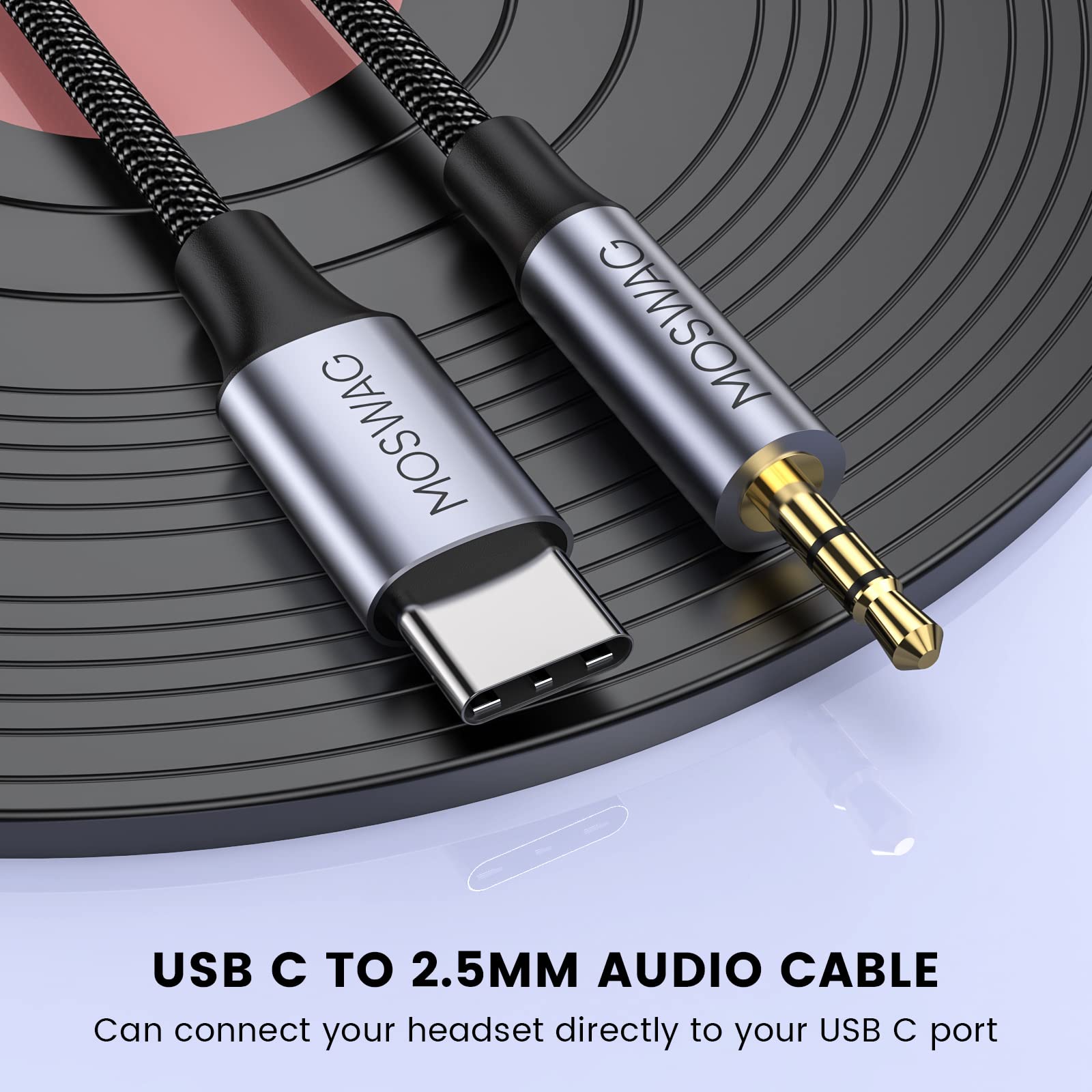 MOSWAG USB C to 2.5mm Audio Cable - Compatible with Bose QuietComfort SE/QC45/QC35 II/QC35/QC25 Headphones - 3ft Braided Aux Extension Cord for Travel, Gaming & Home Audio Use