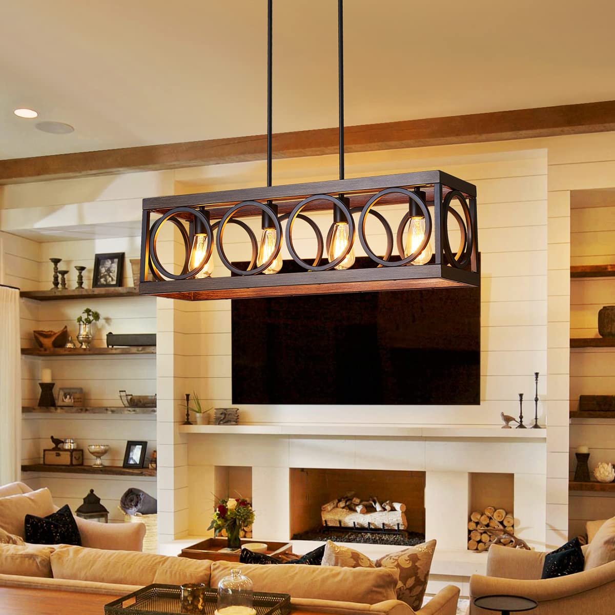 XINGQI Black Kitchen Island Light Fixture - Farmhouse Rectangular Linear Chandelier with Wood Grain Finish | 4-Light Pendant Ceiling Lighting for Dining Room, Bar, Office & Coffee Shop | Perfect for Modern Rustic & Industrial Decor