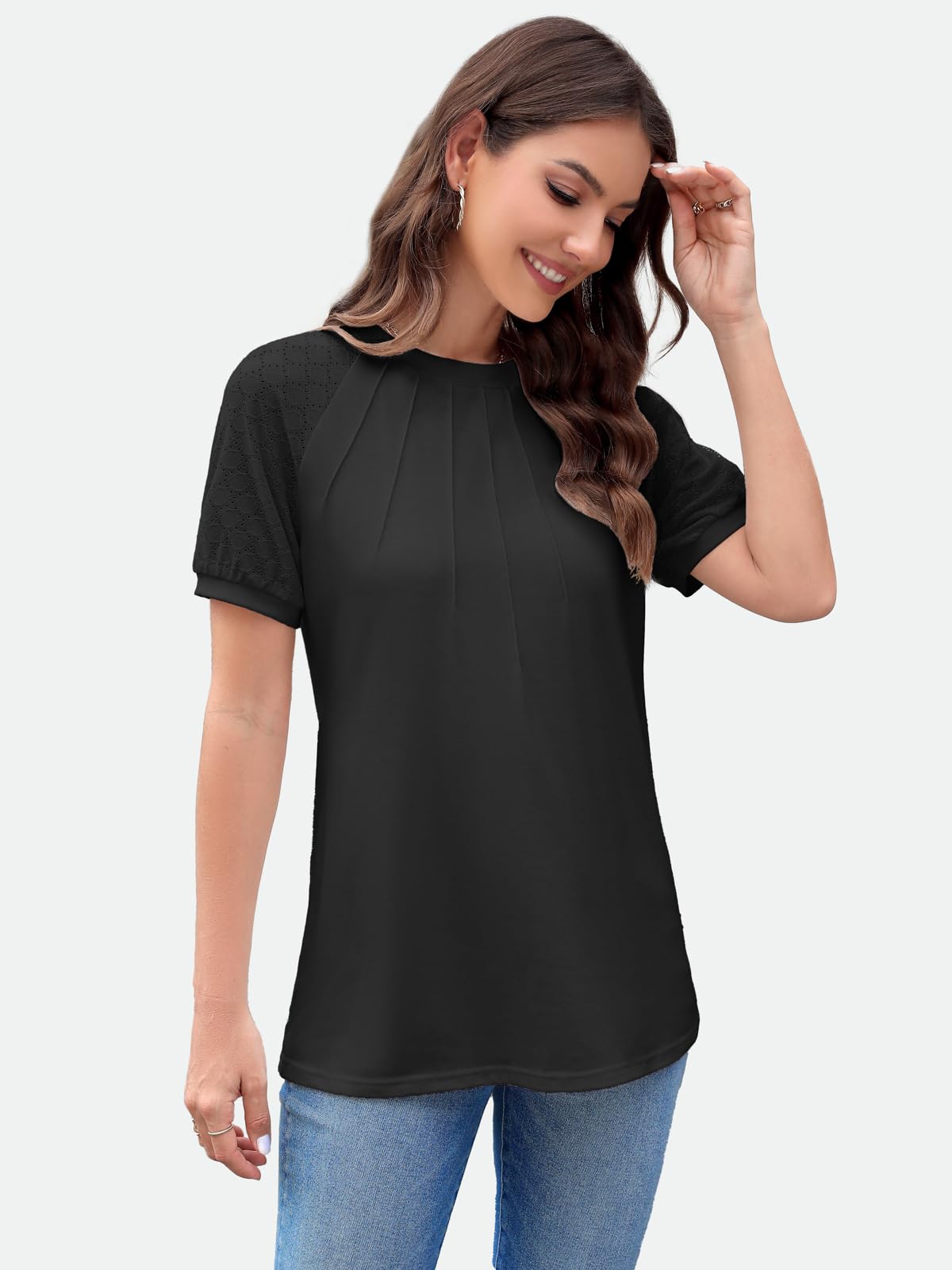 ZANZEA Women's Summer Tops - Puff Sleeve Blouses, Dressy Casual Crew Neck Short Sleeve Shirts, Pleated Tunic Loose T-Shirts for Work, Date & Vacation | Lightweight Comfortable Summer Fashion