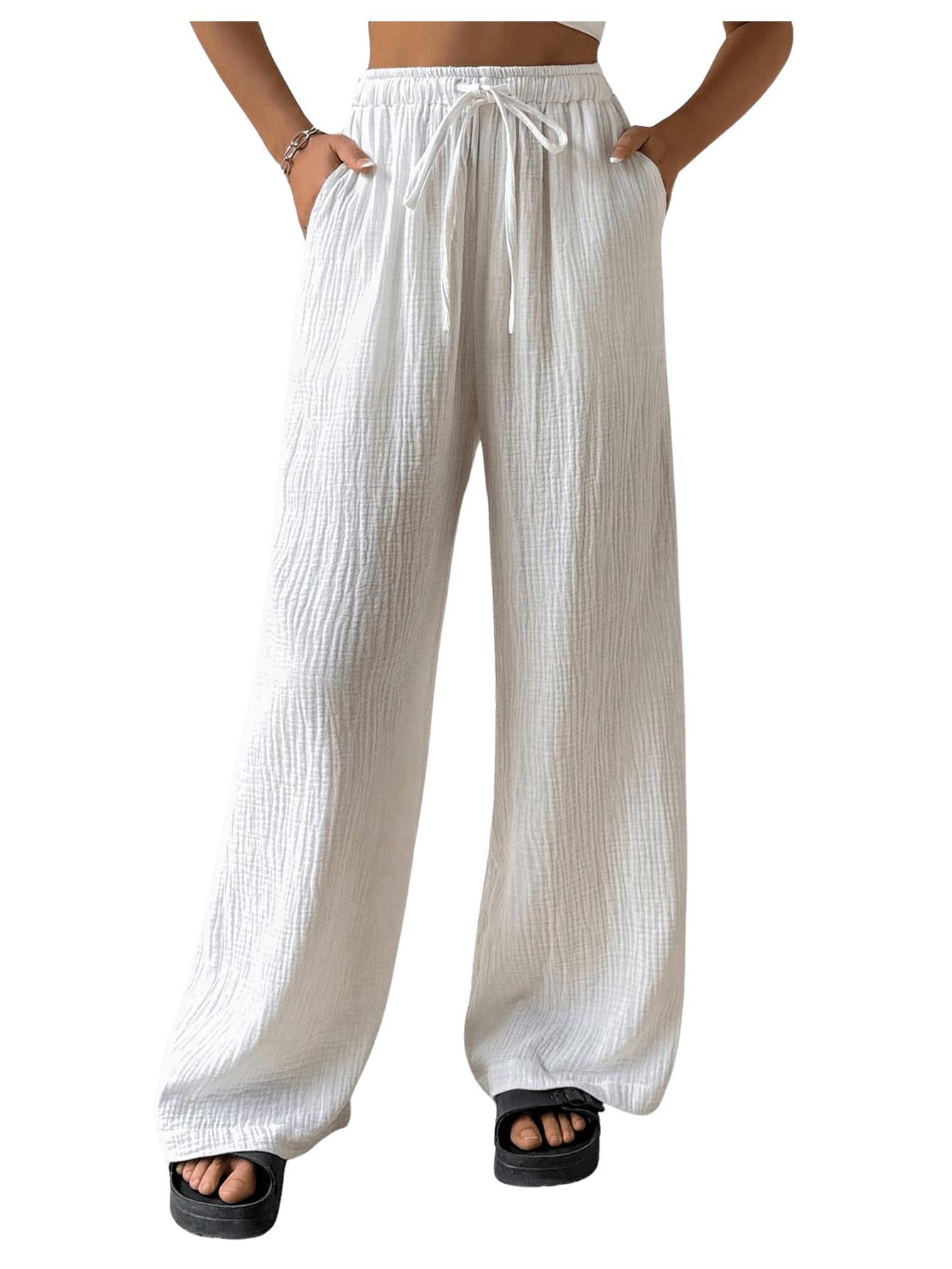 MakeMeChic Women's Casual Drawstring Elastic High Waist Loose Baggy Wide Leg Pants - Comfortable Lounge Pants for Yoga, Travel & Everyday Wear