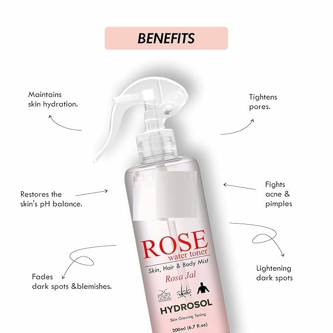 Organic Rose Water Toner 200ml - Hydrating Facial Mist for Dry & Sensitive Skin | Natural Skincare for Glowing Complexion | Perfect for Daily Use, After Sun Care & Makeup Setting