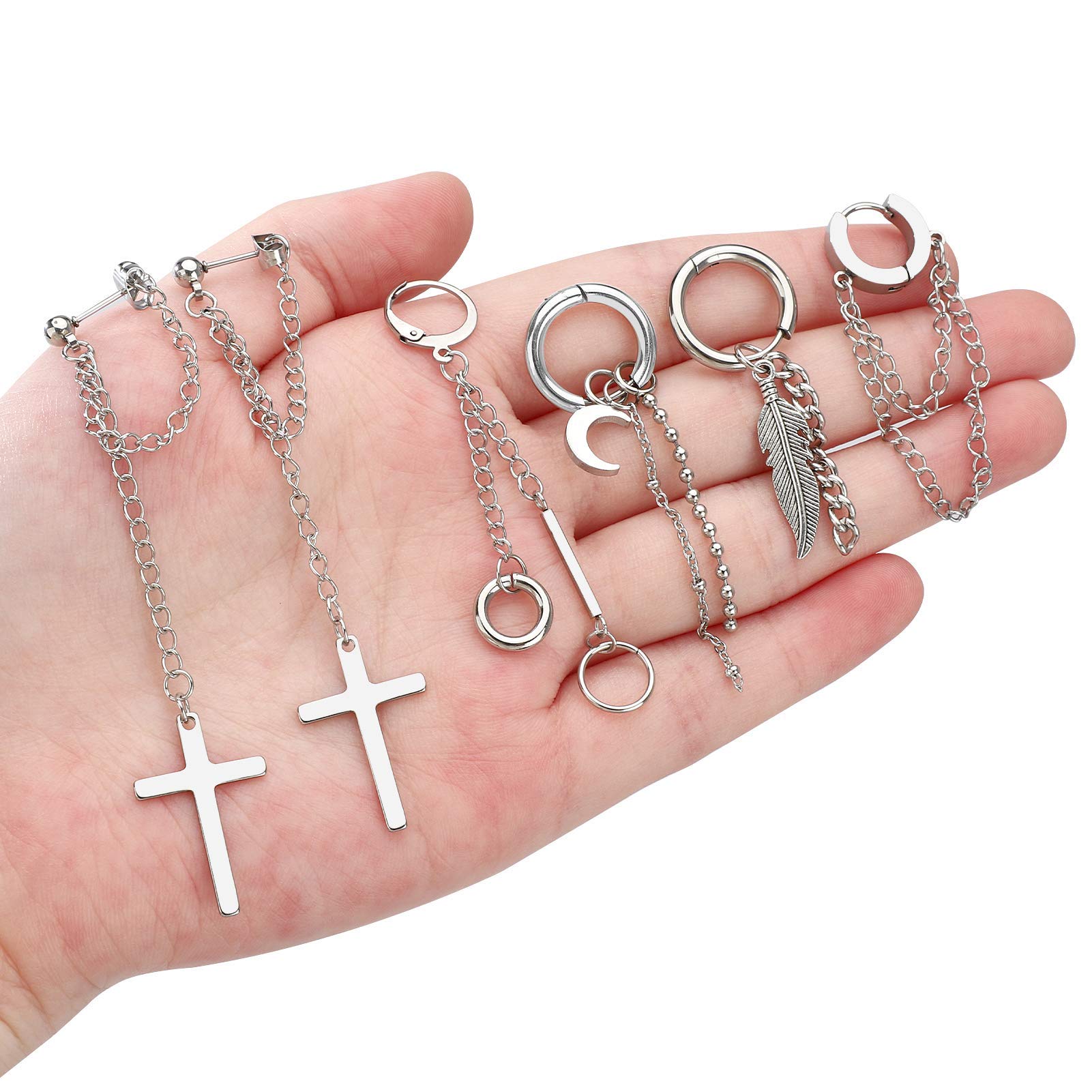 FIFATA 20 Pack Stainless Steel Men's Earrings Set - Black Chain Hoop, Cross, Moon & Star Dangle Earrings for Men & Women | Trendy Body Jewelry for Parties, Gifts & Everyday Wear